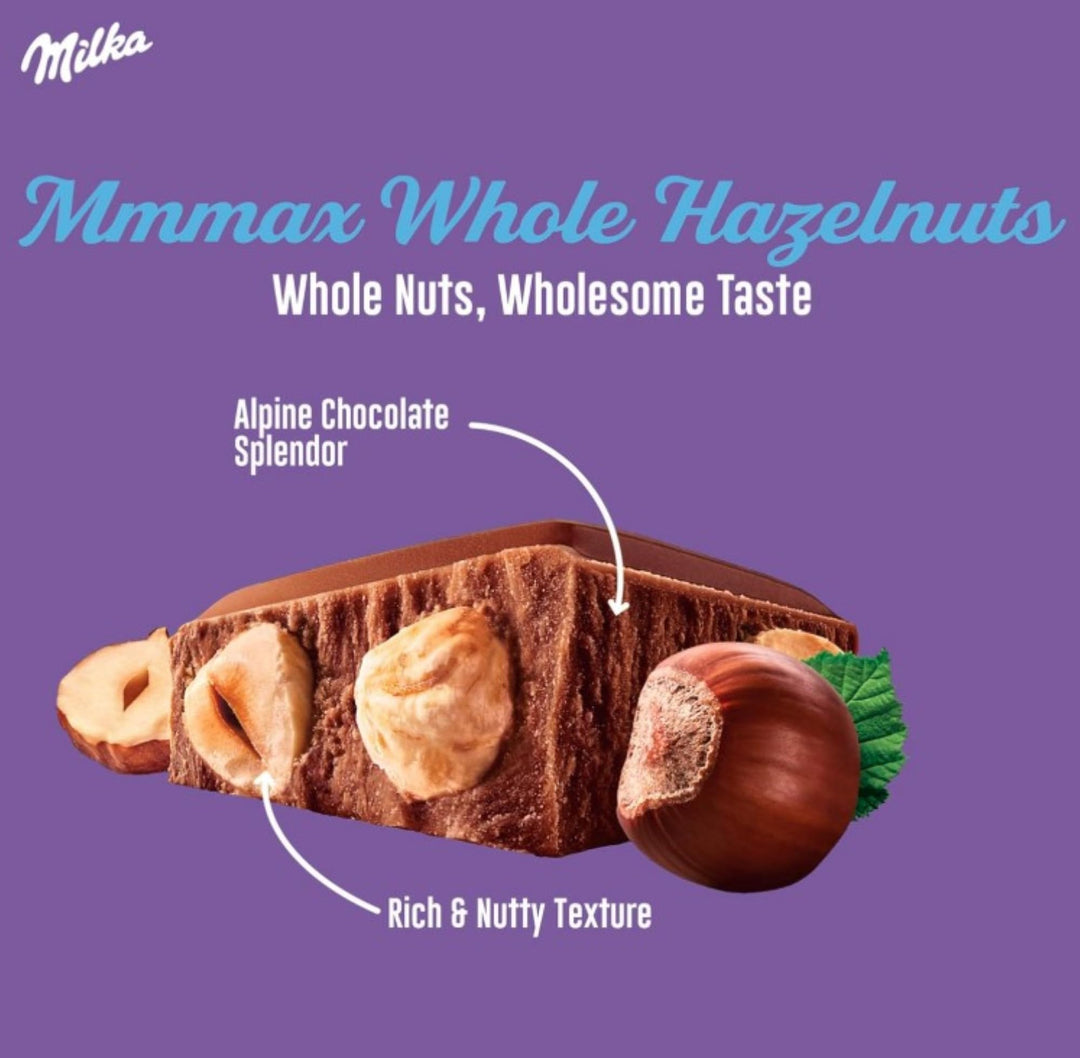 Milka Mmmax Alpine Milk Chocolate with Whole Hazelnuts, 250 g Bar