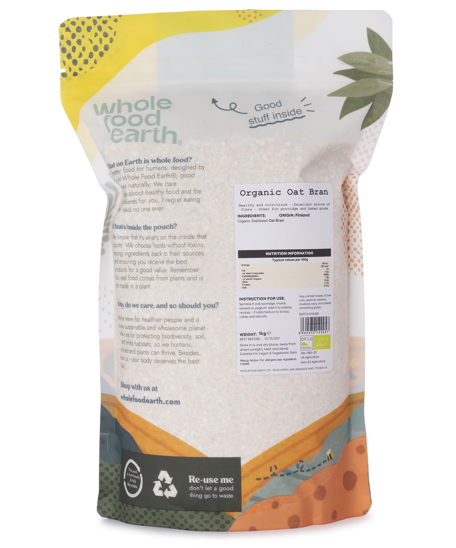 Wholefood Earth Organic Oat Bran - 1 kg | High Fibre | Stabilised 2
