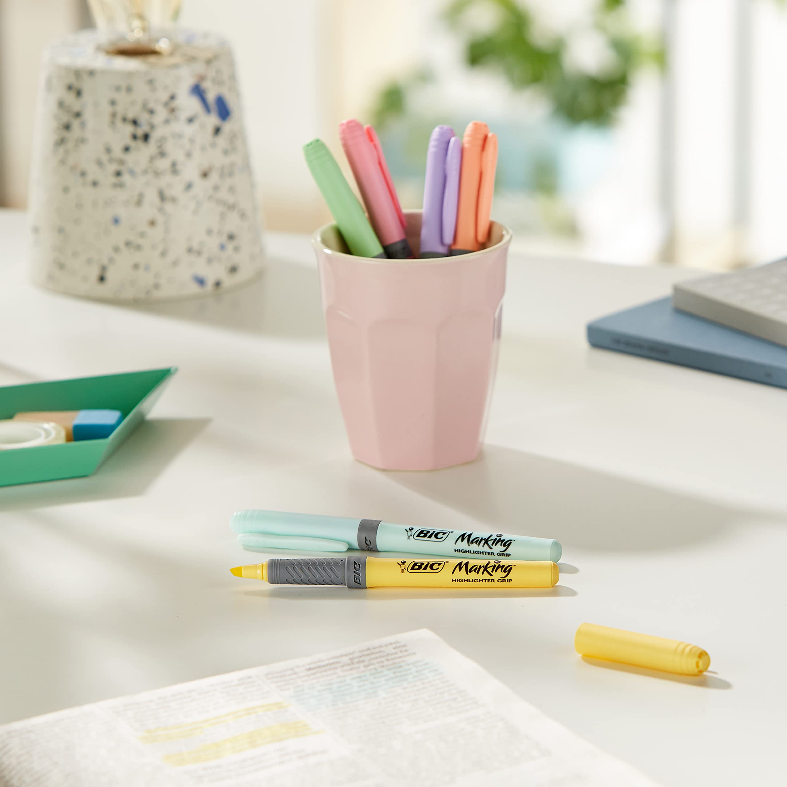 BIC Highlighter Grip Pastel Marker Pens - Adjustable Chisel Tip, Water-Based Ink | Pack of 6