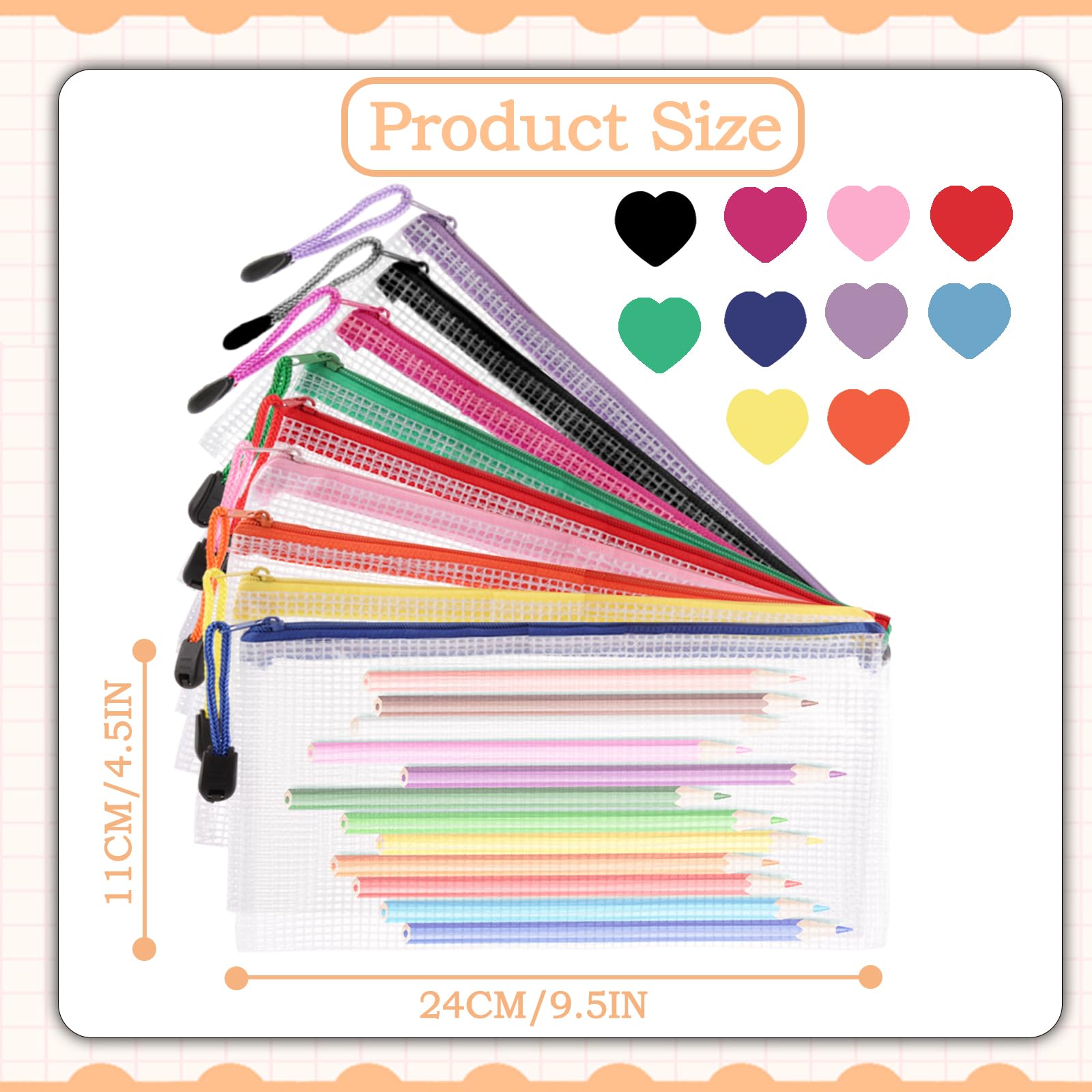 ASelected 30 PCS A6 Clear Zipper Mesh Pencil Cases | Waterproof PVC | 10 Colors