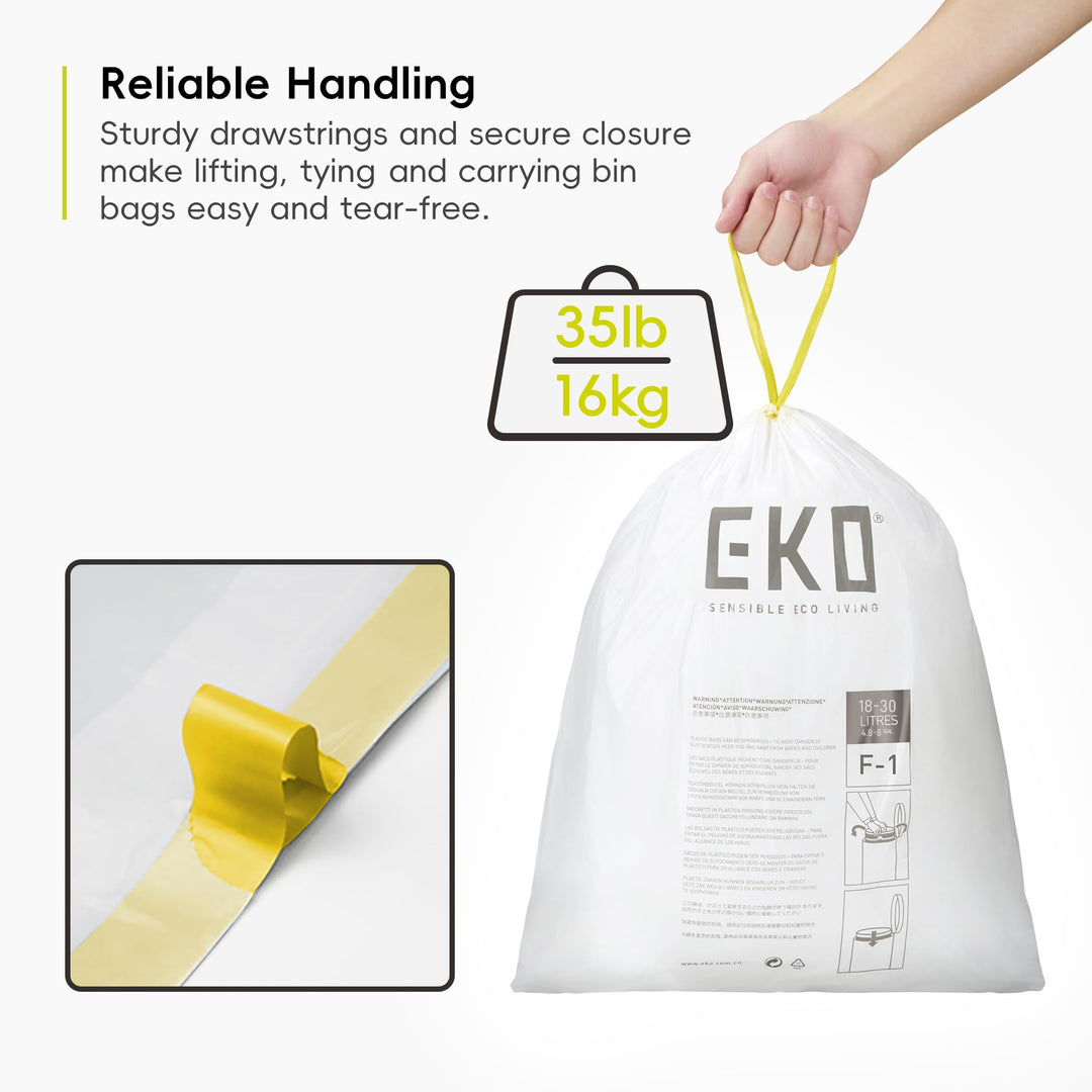 EKO Heavy Duty 18-30L Drawstring Bin Bags, Leakproof & Tear-Resistant Kitchen Bin Liners, 49 x 70 cm, 20 Count, Code F-1