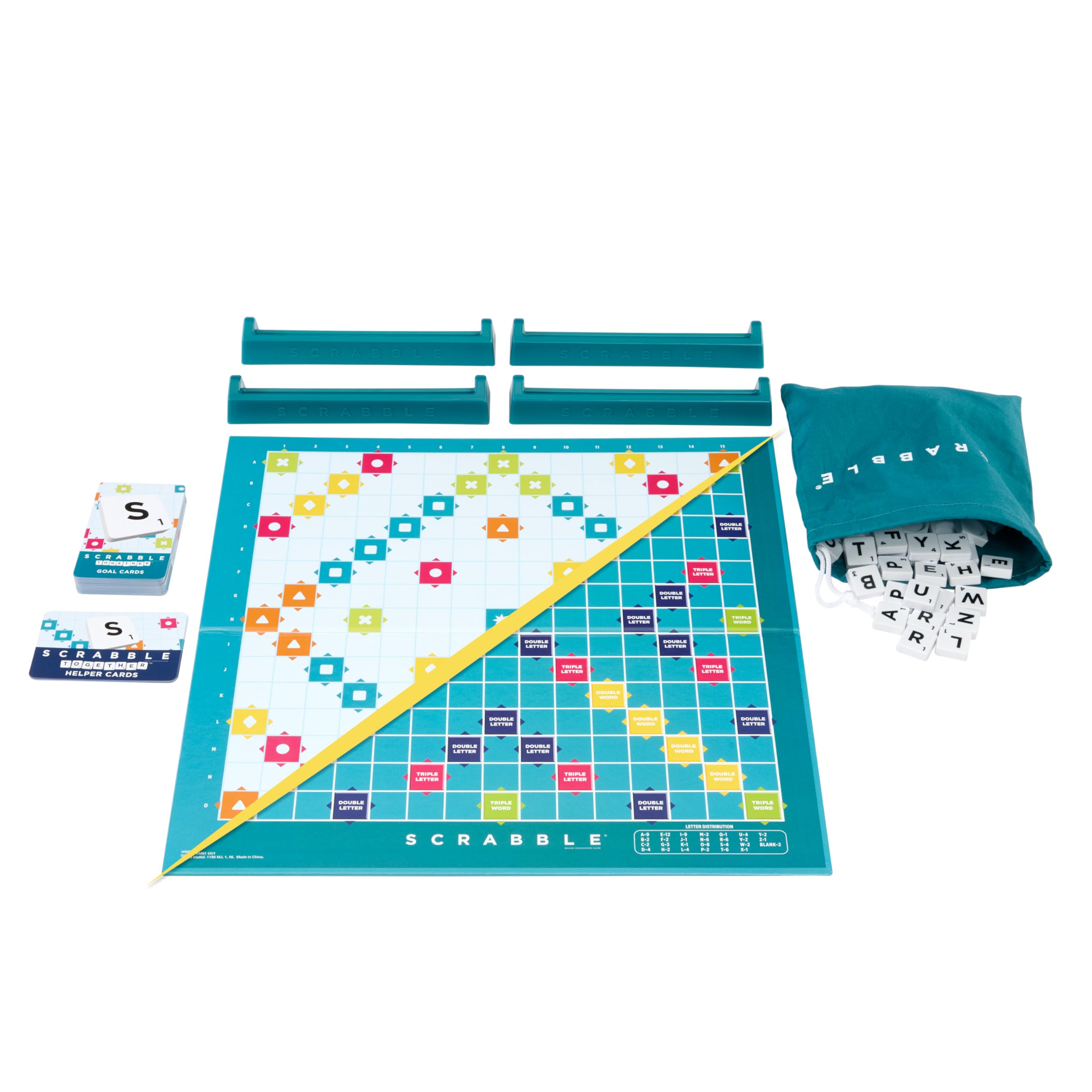 Mattel Games Scrabble-Brettspiel mit zwei Spielmöglichkeiten – doppelseitiges Brett und 50 Zielkarten – UK-Version (HWD43)