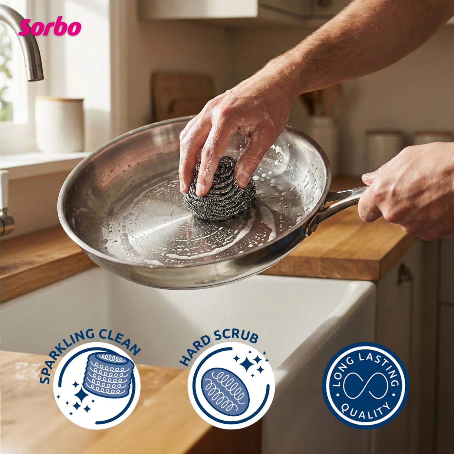 Sorbo Stainless Steel Pan Scourers - Heavy-Duty Scrubbers for Tough Grime | 4 Pack 5
