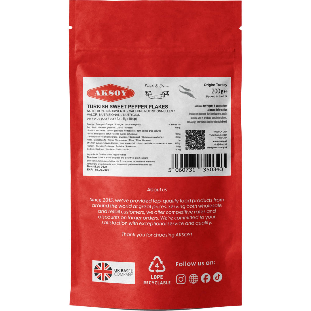 Aksoy Premium Turkish Sweet Red Pepper Flakes 200g - Mild & Sweet Flavor, Resealable Pack