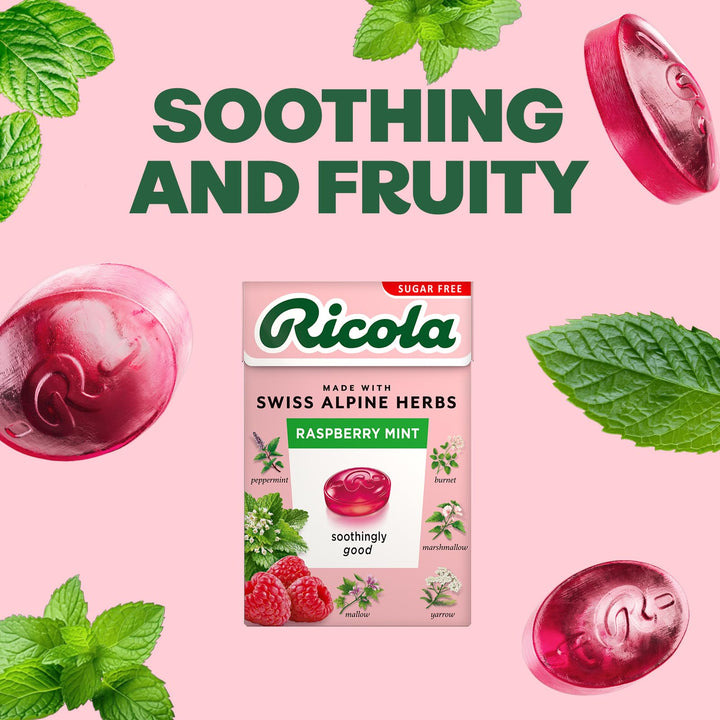 Ricola Raspberry Mint Sugar Free Herbal Sweets, 10-Pack Box (45g Each), Sweetened with Stevia, Vegan & Kosher