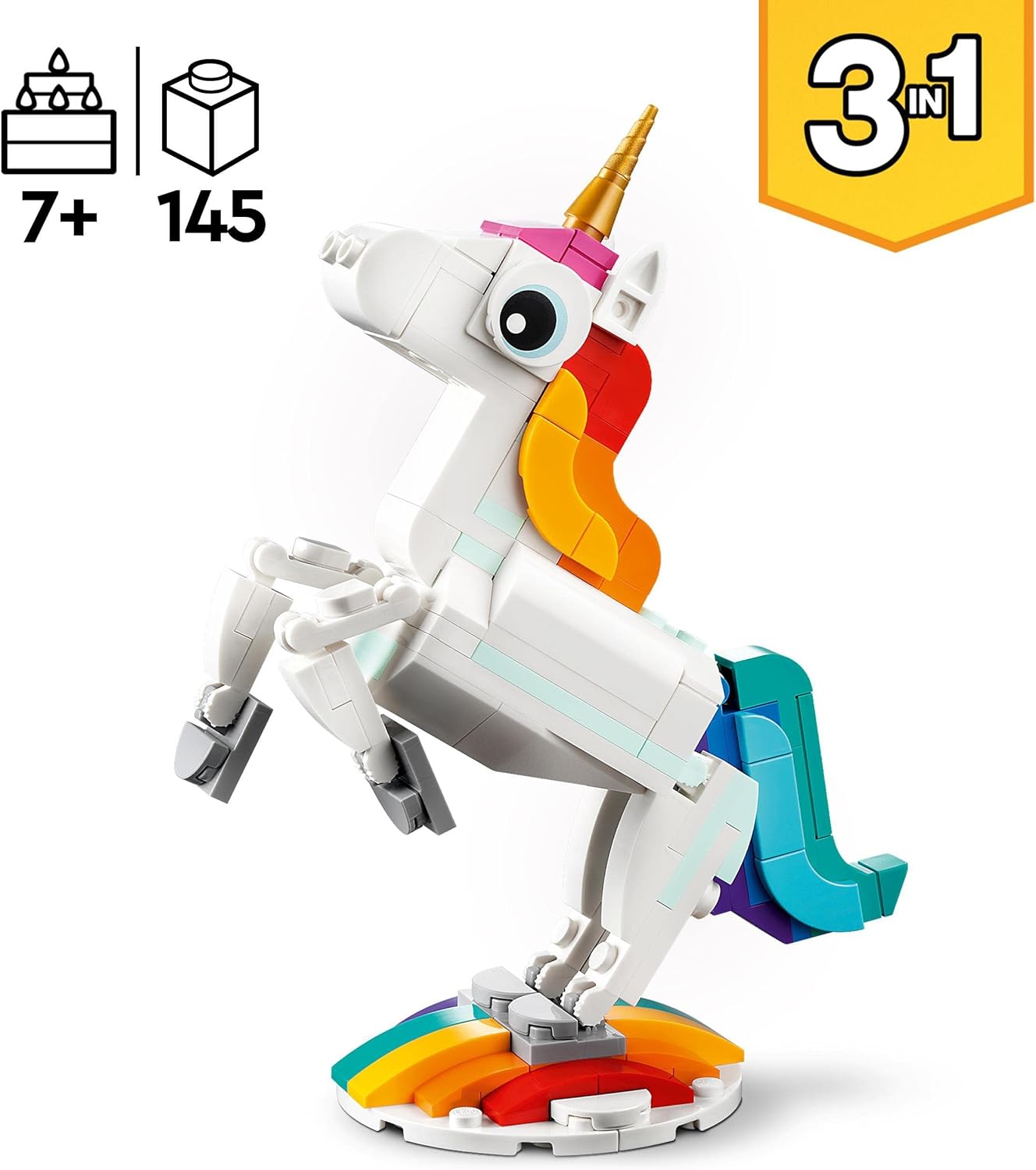 LEGO Creator 3-in-1-Spielzeug „Magisches Einhorn“ – wiederaufbaubares Seepferdchen- und Pfauenset für Kinder ab 7 Jahren