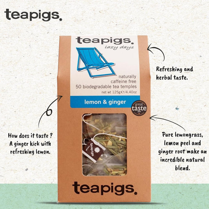 teapigs Lemon Ginger Herbal Tea Bags - 50 Biodegradable Tea Temples, Caffeine-Free with Ginger, Lemongrass & Lemon Peel