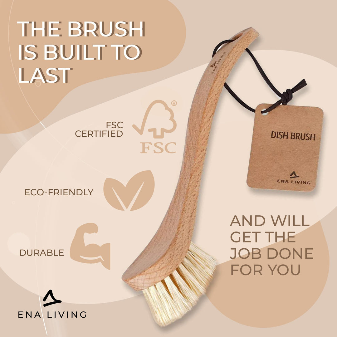 ENA Living Wooden Dish Brush (26x4 cm) | FSC-Certified Beechwood with Horsehair Bristles