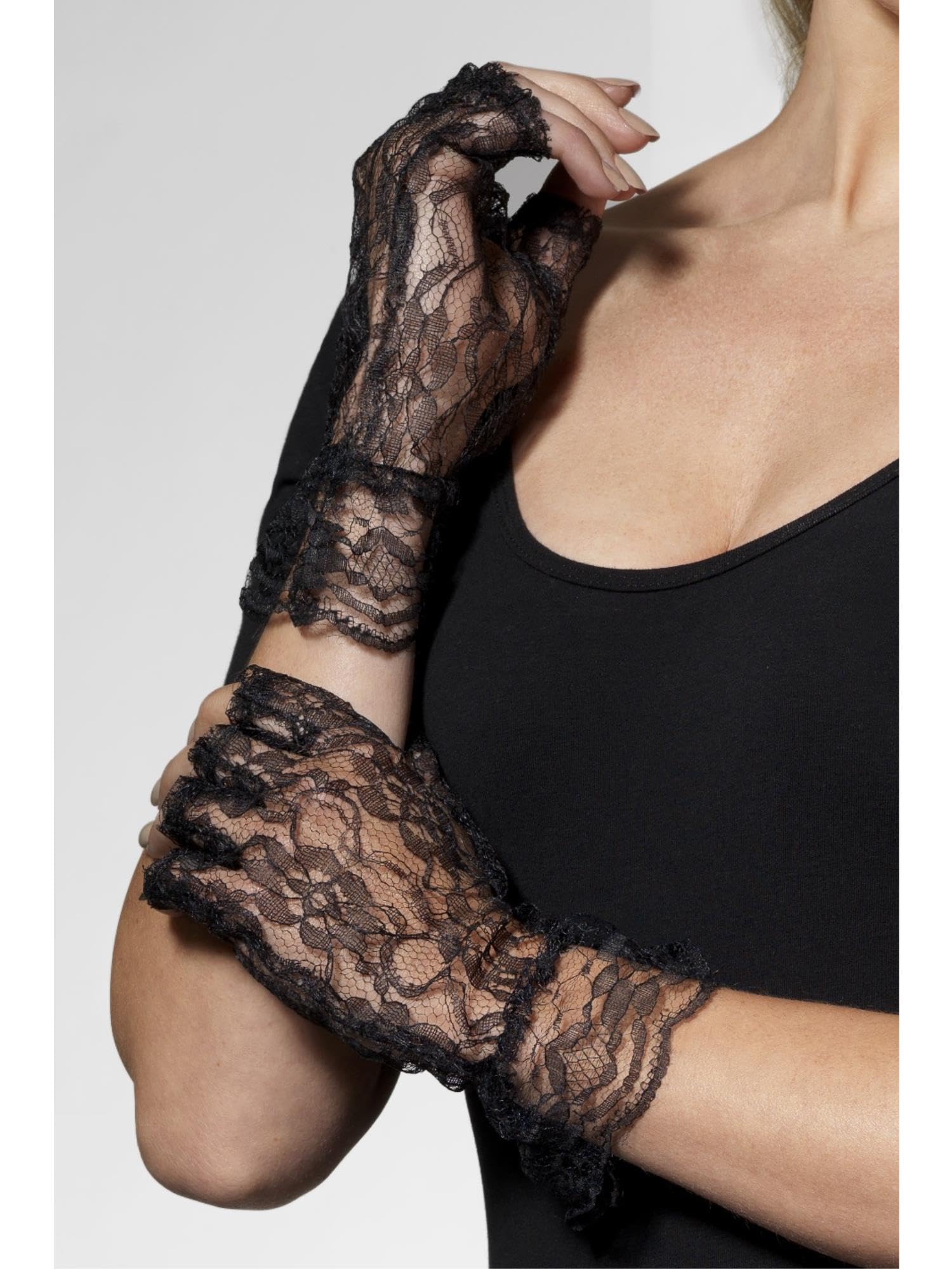 Smiffys Fingerless Lace Gloves - Black | One Size | Polyester | Fancy Dress Accessory