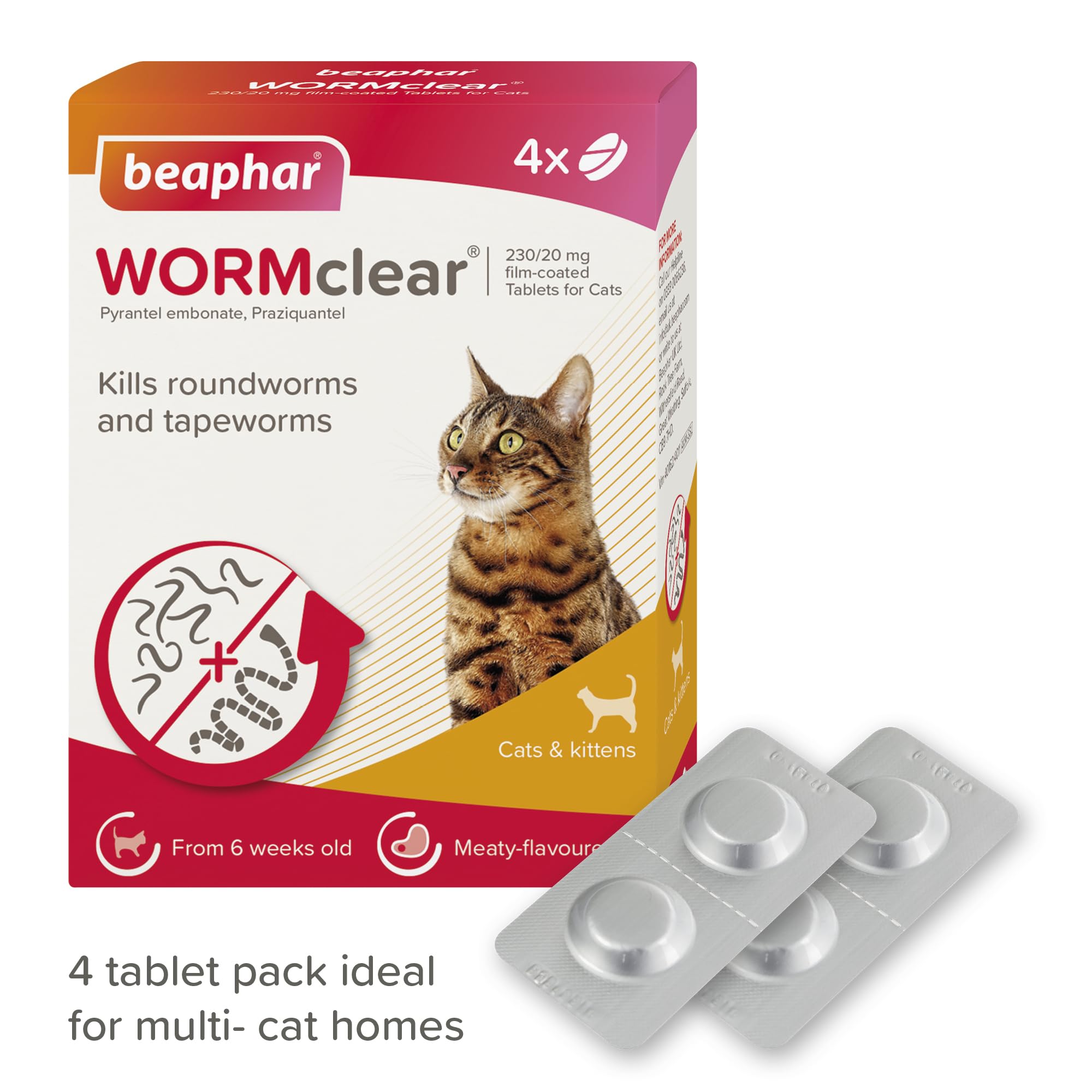Beaphar WORMclear Tablets for Cats - Kills Common UK Worms | 4 Tablet Pack