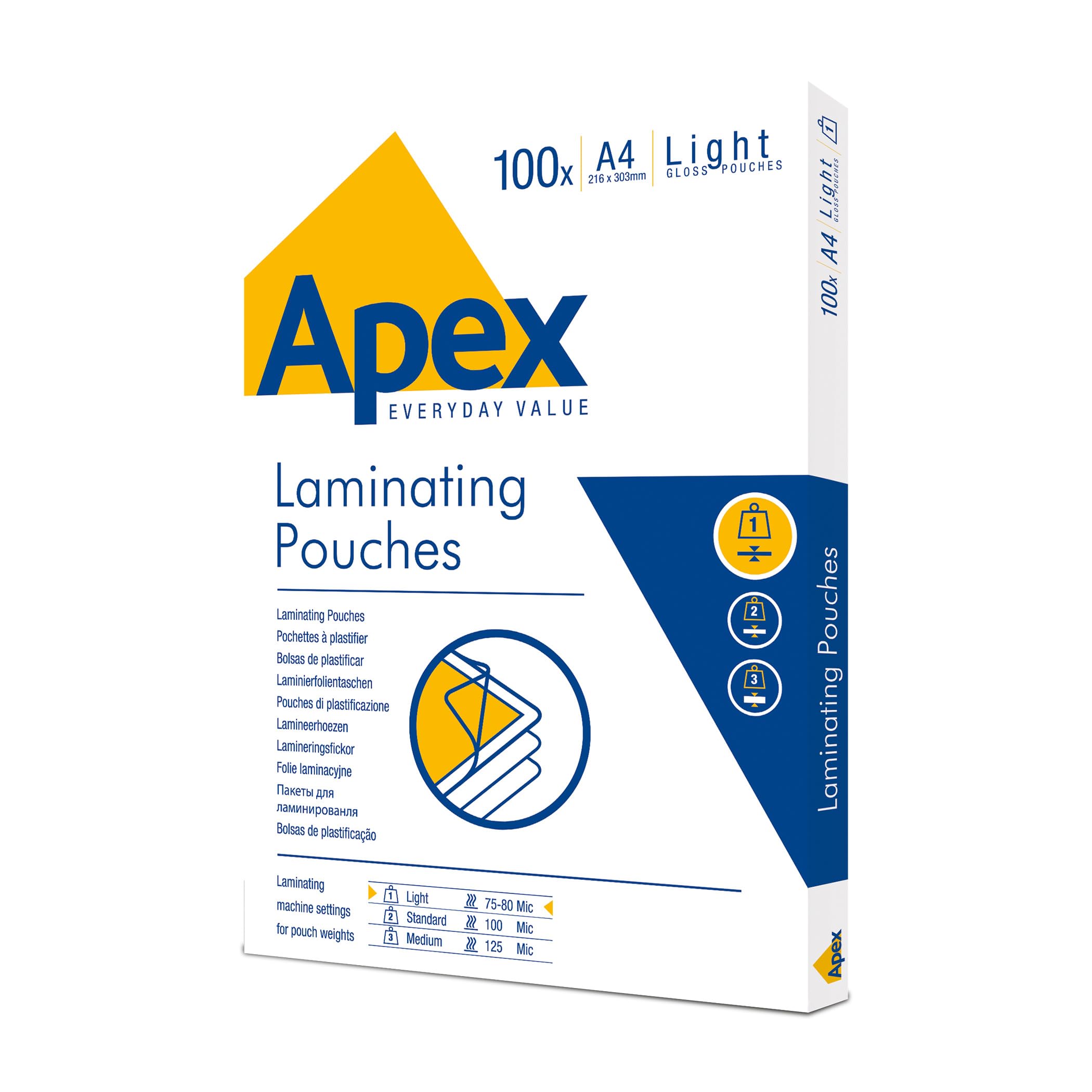Fellowes Apex A4 Light Duty Laminating Pouches - Gloss Finish | 80 Micron | Pack of 100 1