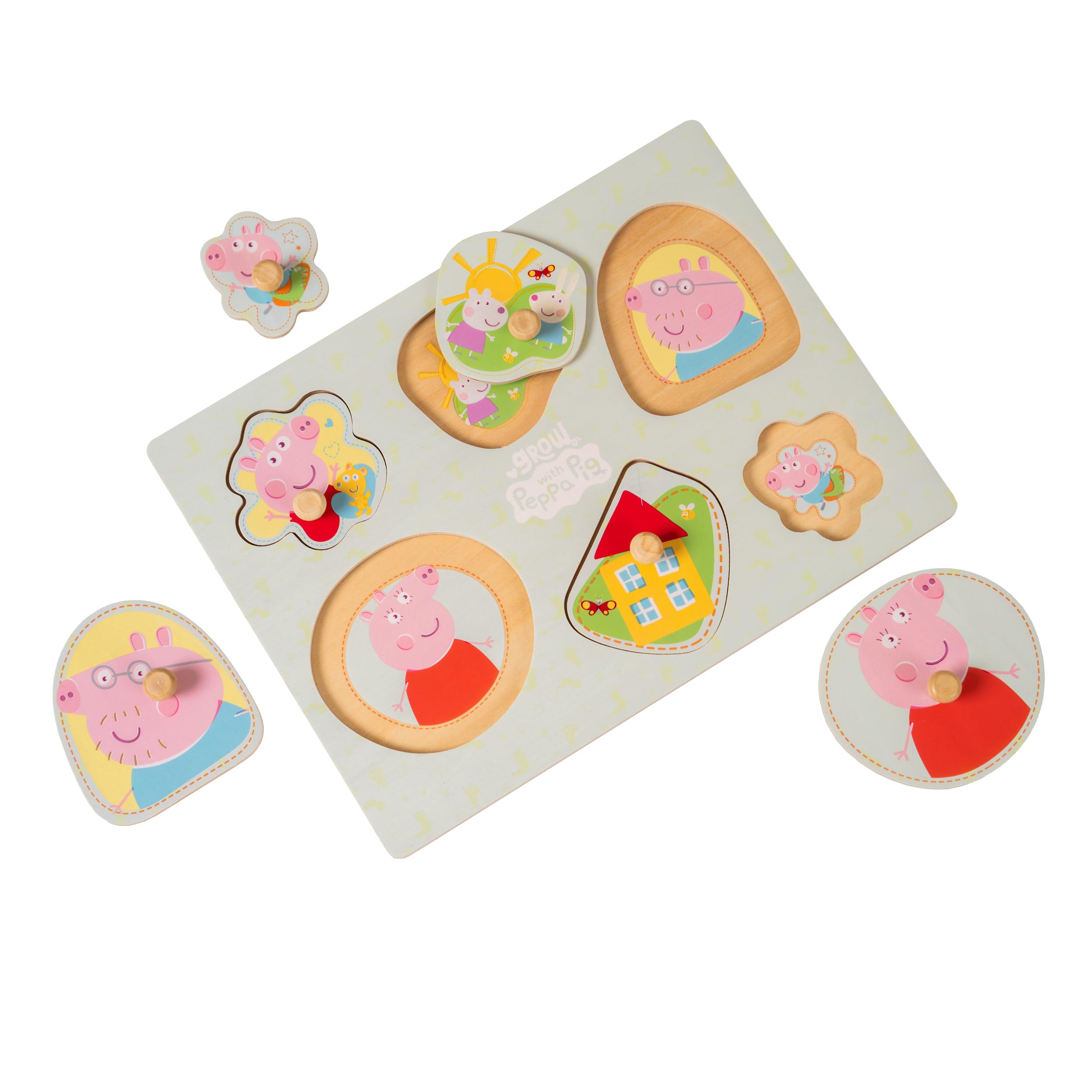 Peppa Pig Wooden Puzzle for Toddlers 12+ Months with Easy-Grip Handles | 6 Shapes 1