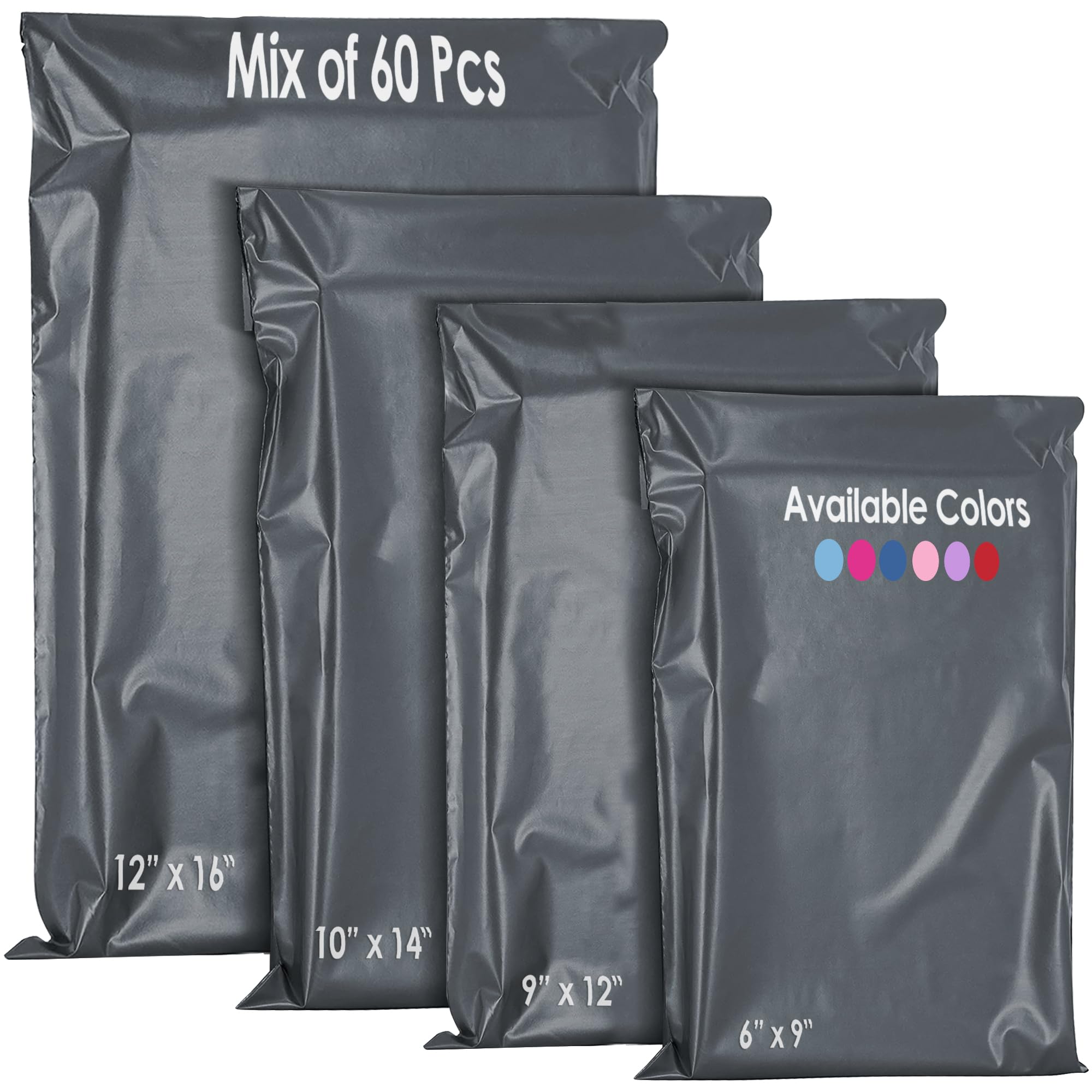 YUNJU 60 Mixed Size Grey Plastic Mail Bags - Self-Seal, Opaque, Waterproof | 4 Sizes Included
