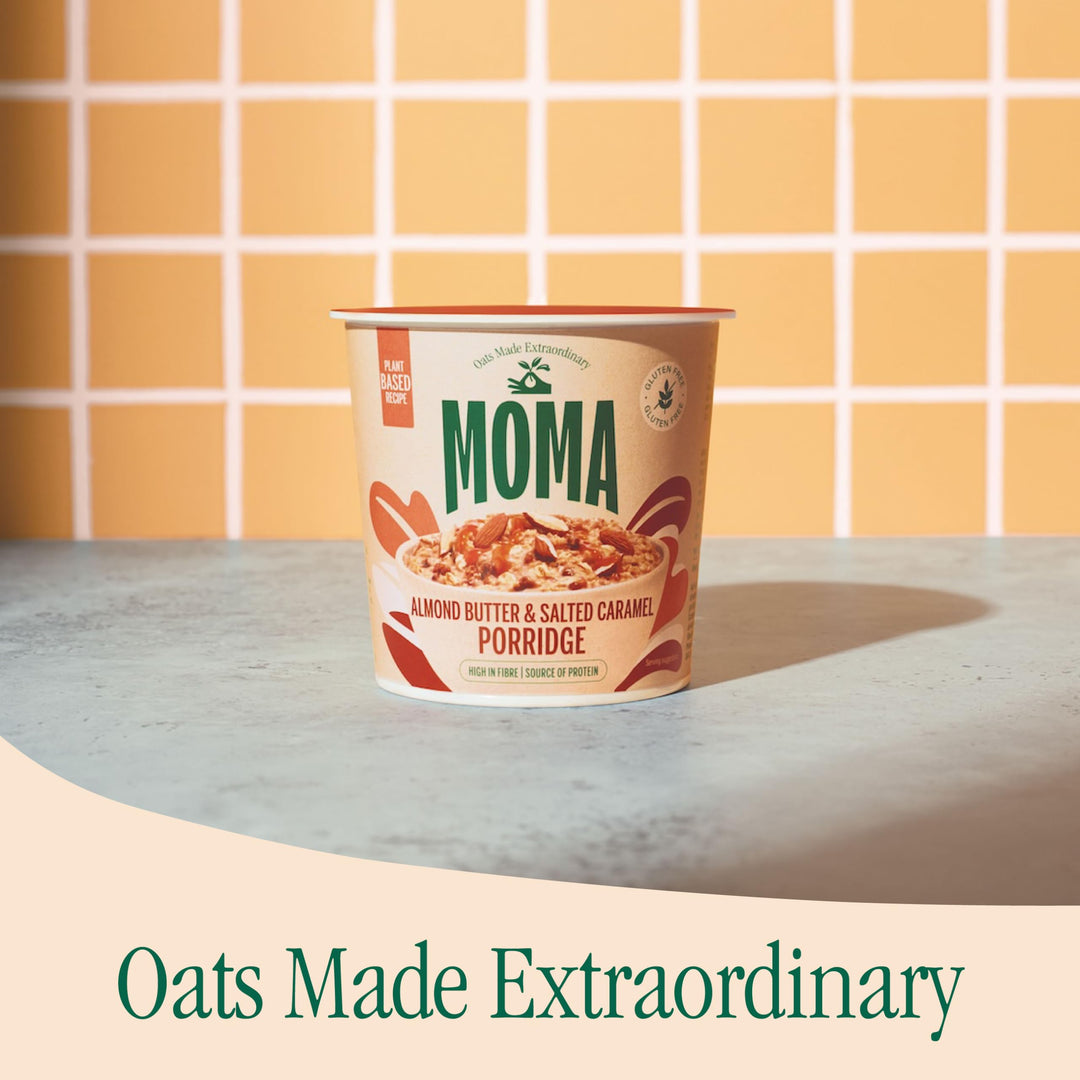 MOMA Almond Butter & Salted Caramel Instant Porridge Pots - Box of 12 x 55g - Gluten Free, Vegan, High in Fibre