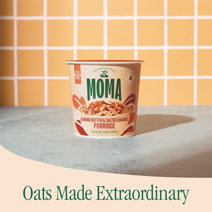 MOMA Almond Butter & Salted Caramel Instant Porridge Pots - Box of 12 x 55g - Gluten Free, Vegan, High in Fibre
