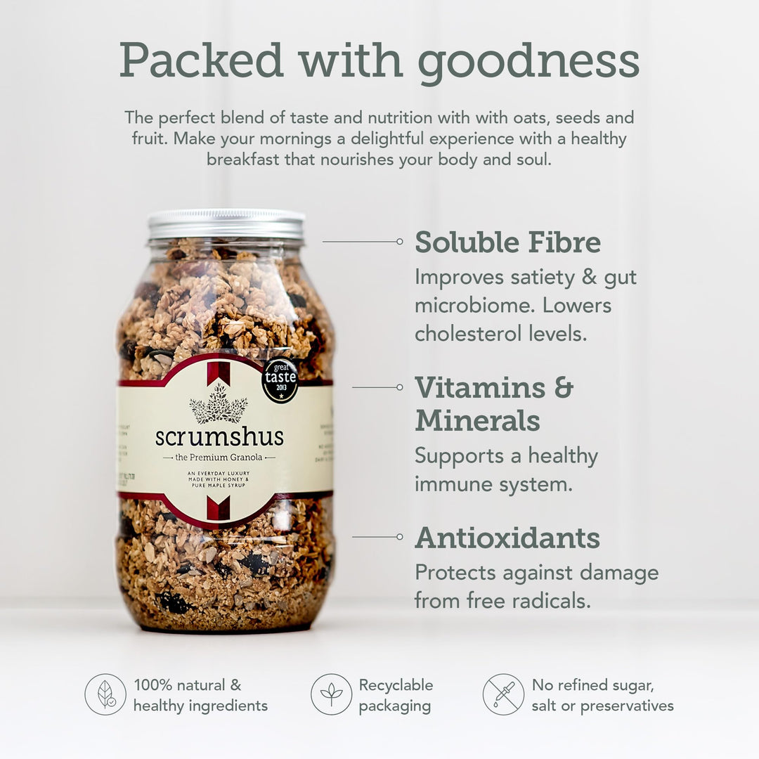 Scrumshus No Added Salt Luxury Granola (500g) - Made with Honey & Pure Maple Syrup, GMO Free, Recyclable Packaging