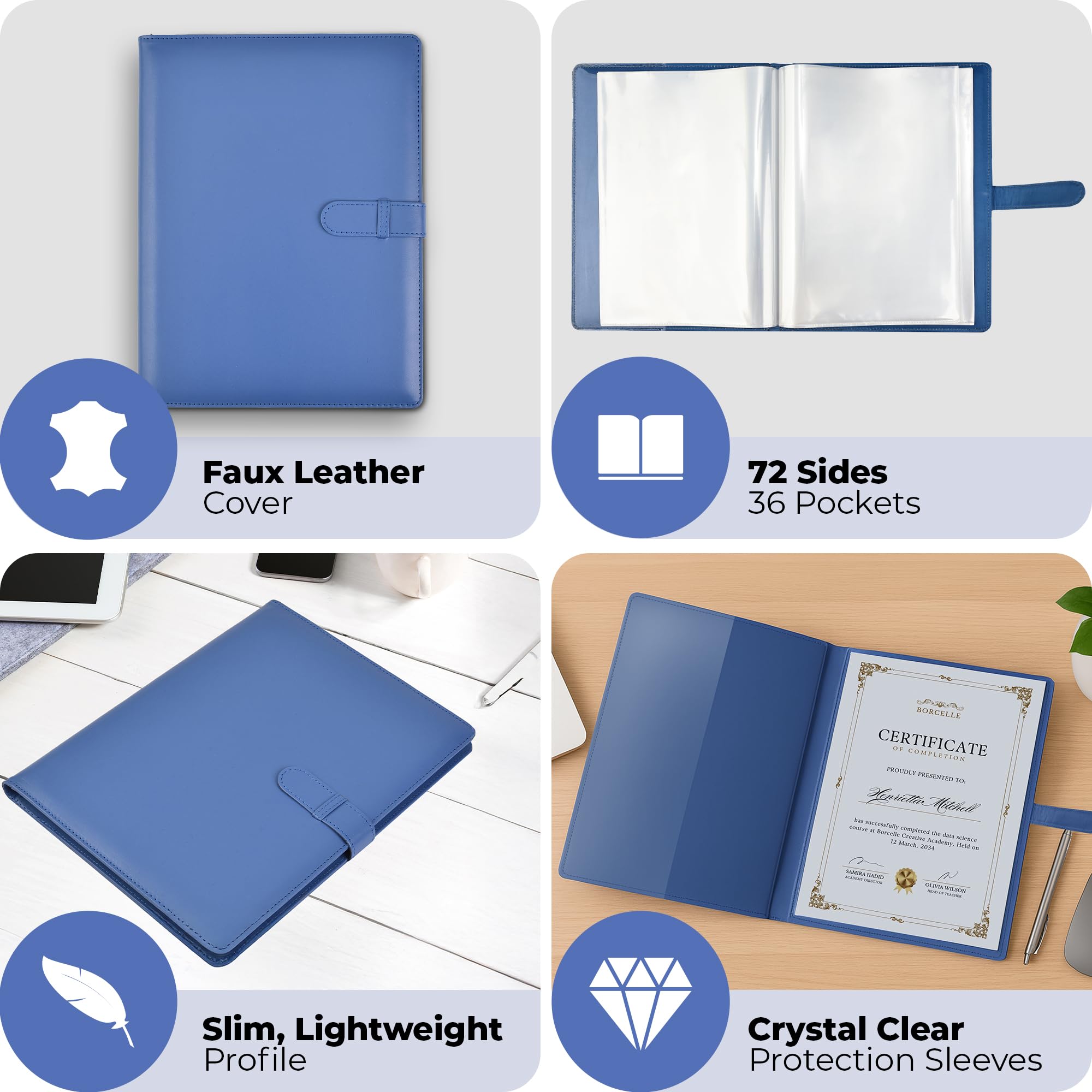 ARPAN A4 Certificate Folder Display Book - 36 Pockets | Blue Faux Leather | Soft Padded Cover 3