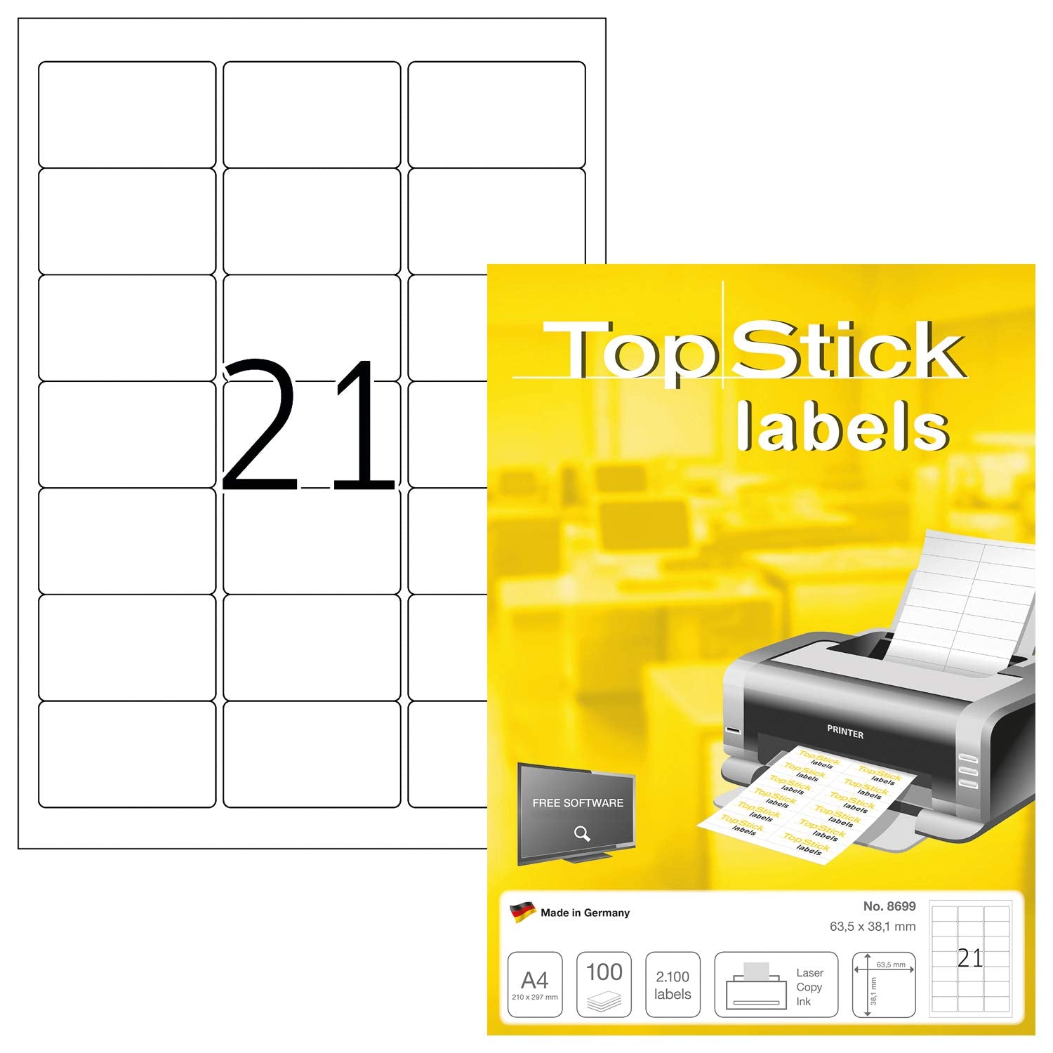 TopStick A4 Self Adhesive Address Labels, 21 Labels Per Sheet, 100 Sheets,