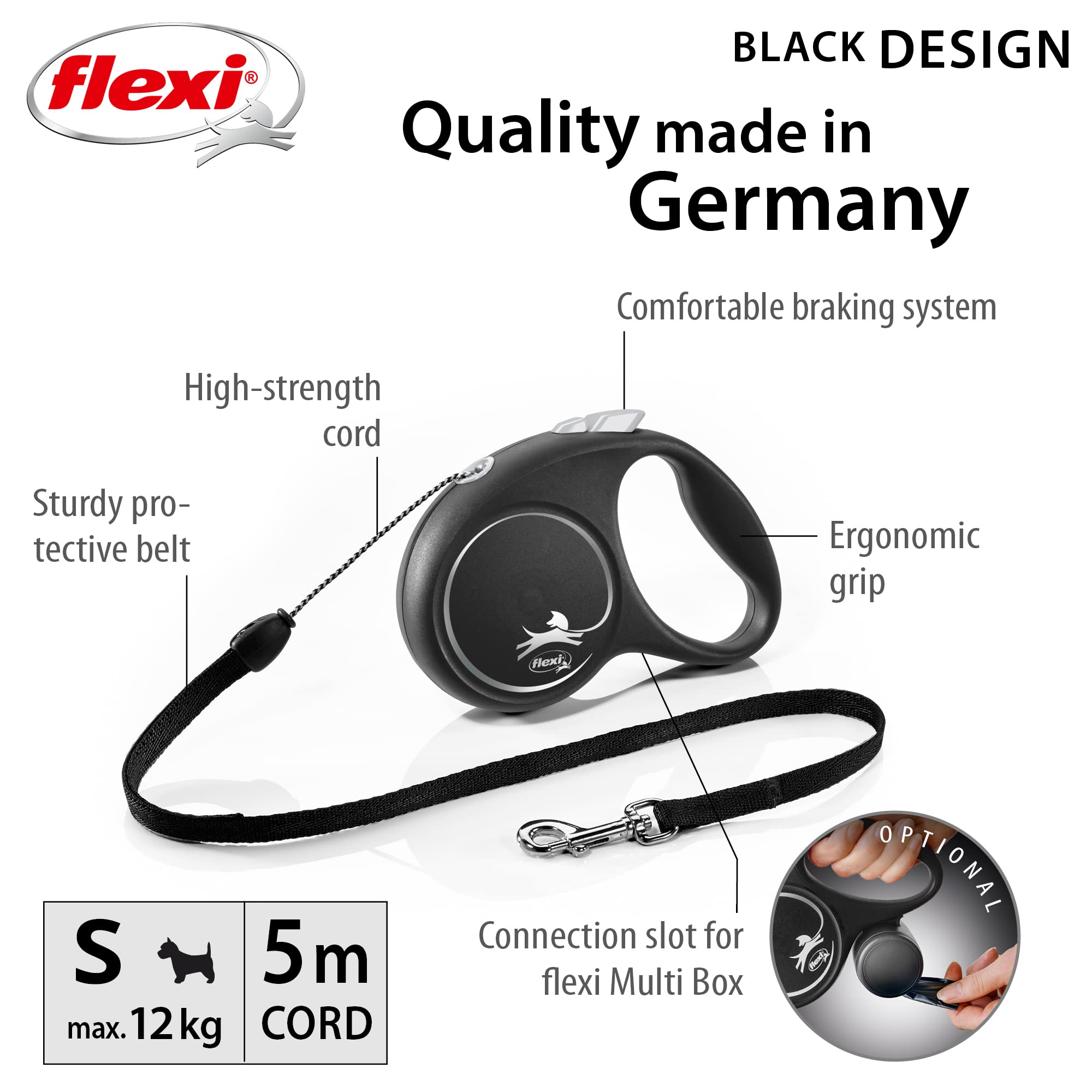 flexi Black Design Retractable Dog Leash - Small Size (5m) | Black Nylon Cord | For Extra Small Dogs