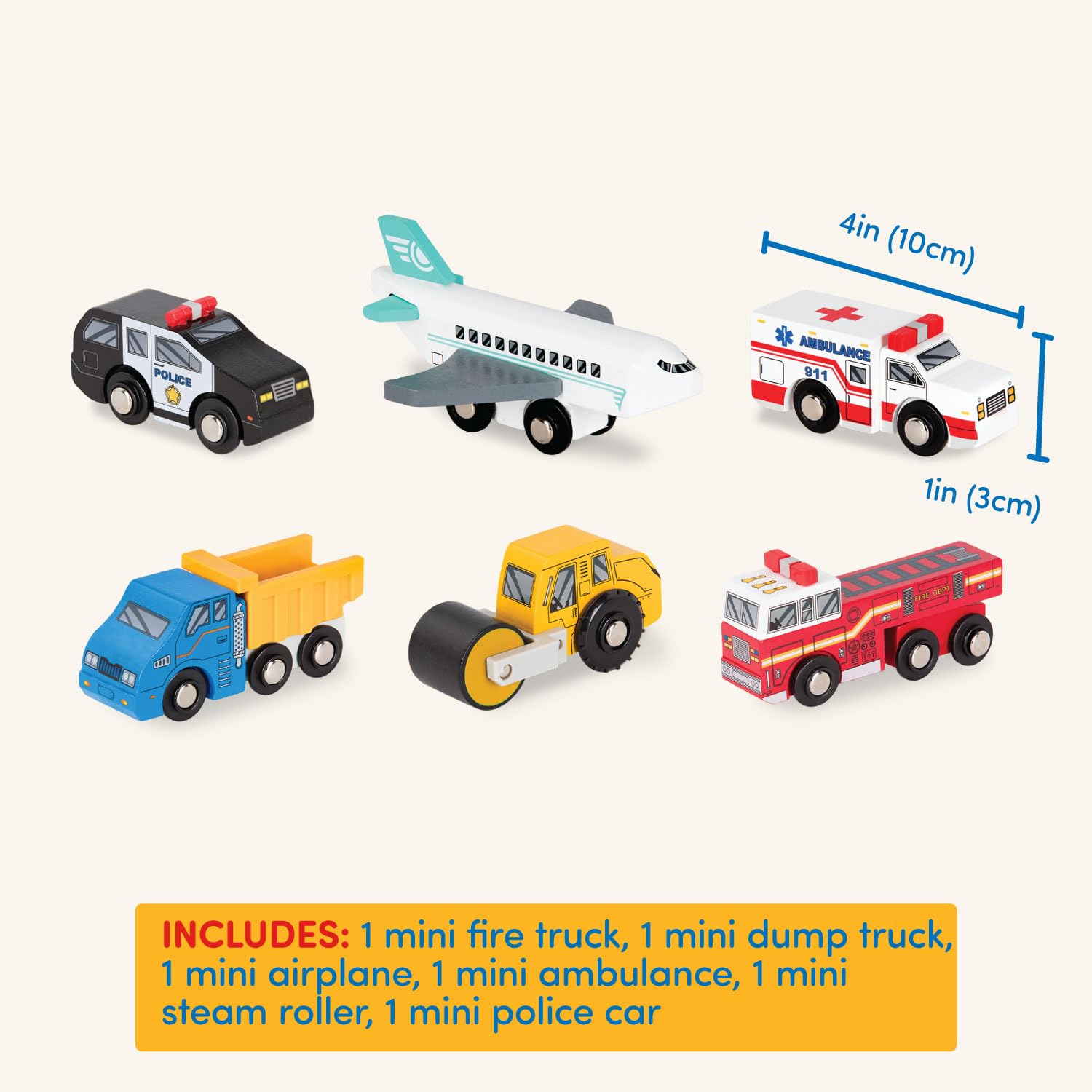 Battat Wooden Vehicles Set - 6pc Rescue & Construction Toy Cars for Kids 7