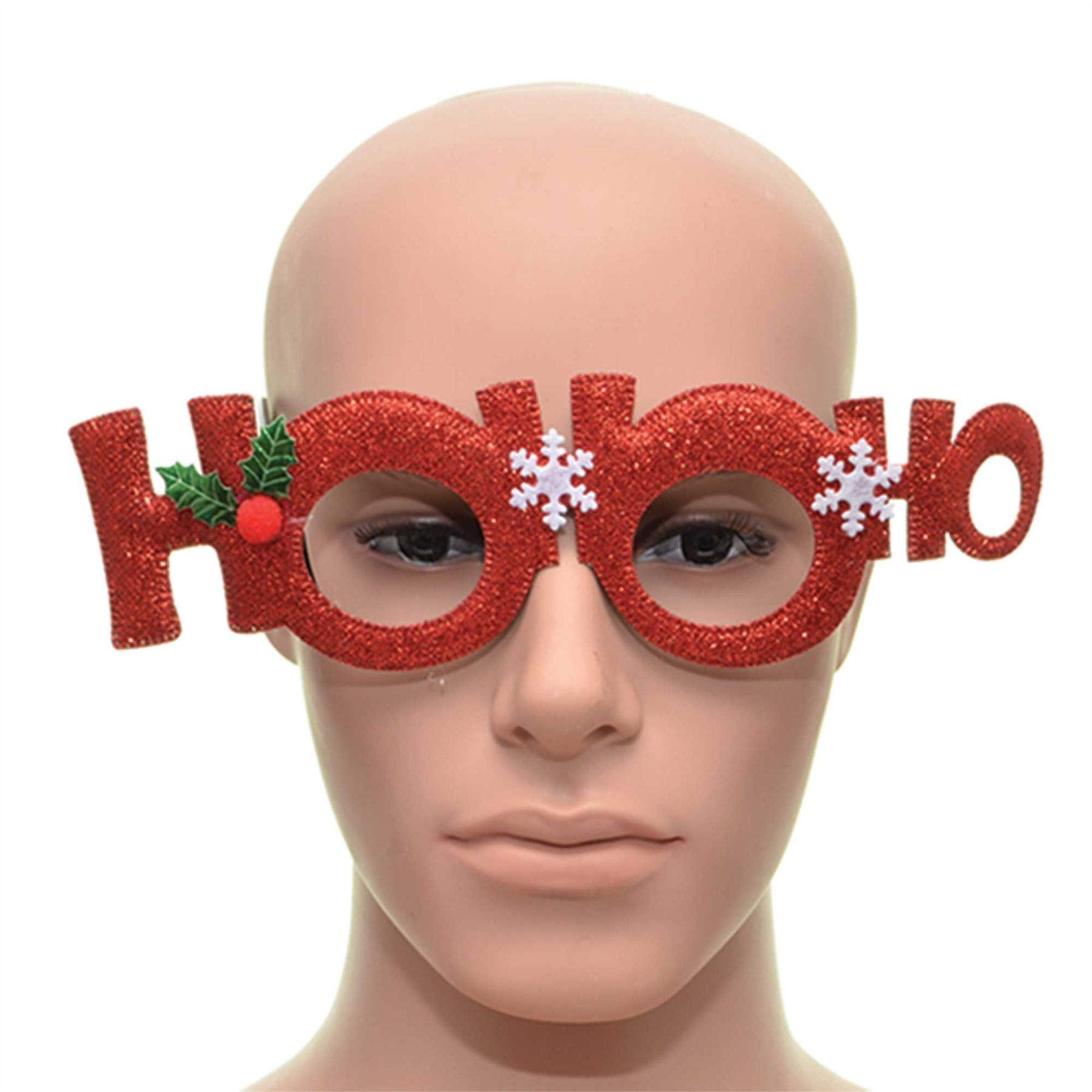 SHATCHI Red Ho Ho Ho Christmas Glasses - Plastic Novelty Party Specs with Snowflakes & Holly Leaves 1