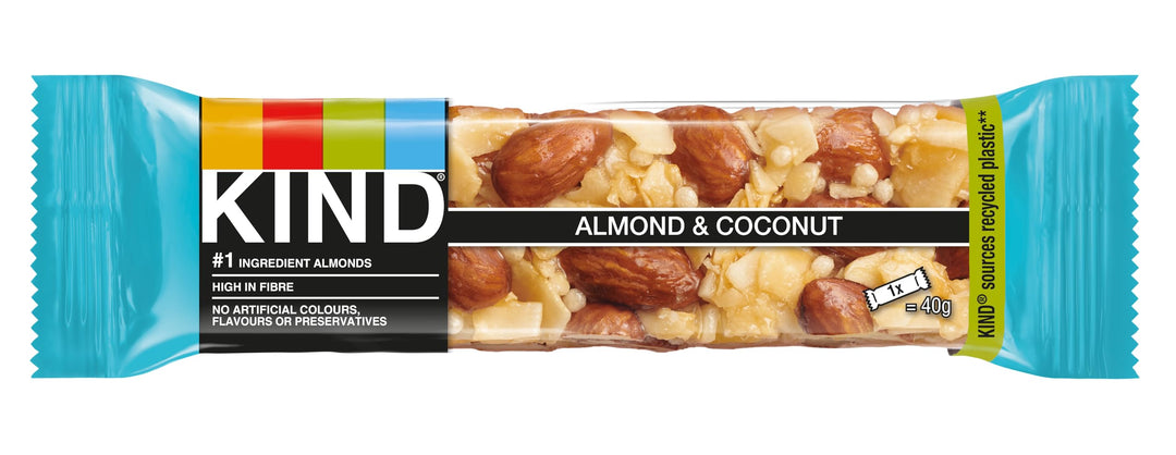 KIND - Almond & Coconut Gluten Free Snack Bars, High Fibre, No Artificial Ingredients, Multipack 12 x 40g