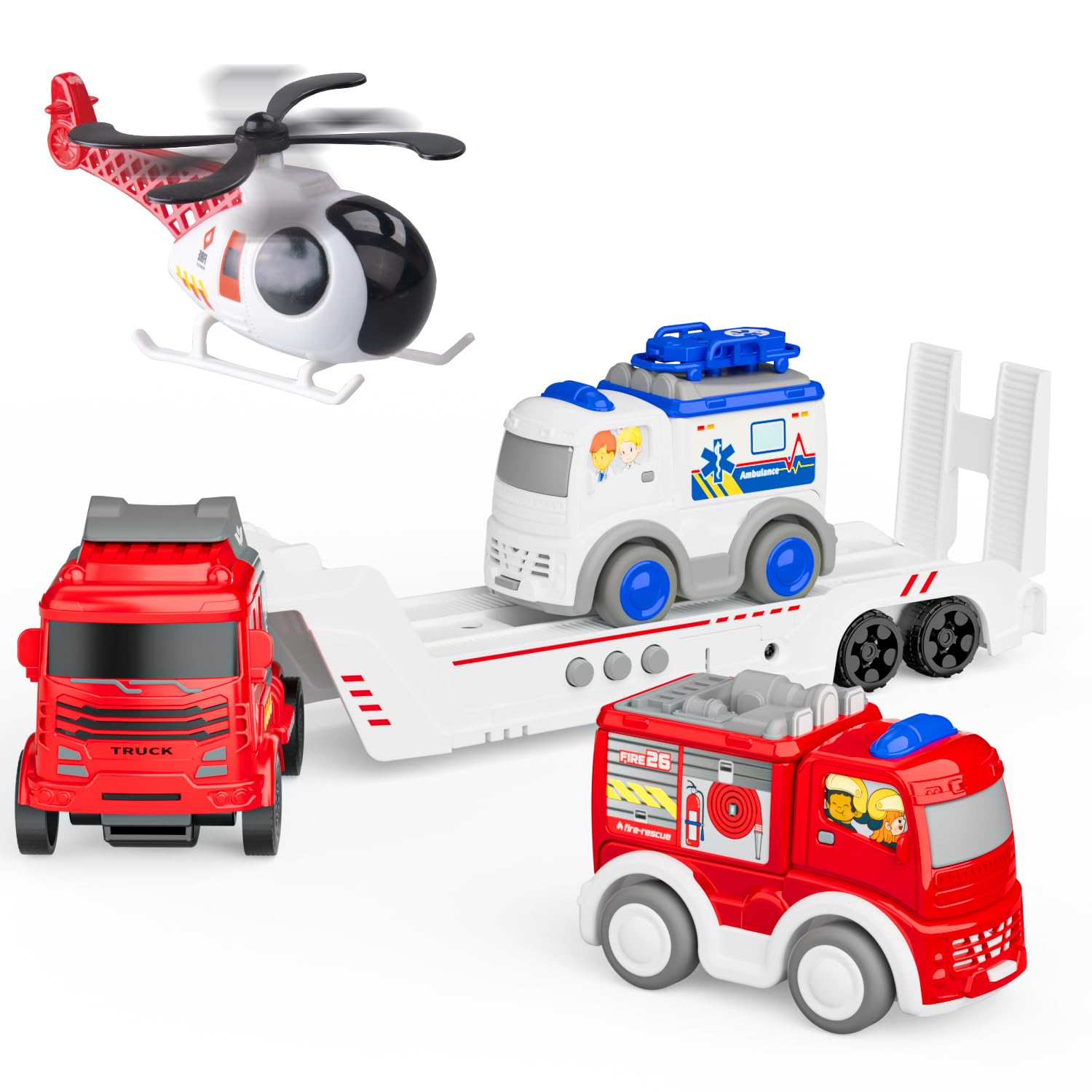 GizmoVine Fire Truck Playset - Vehicle Transporter Toy with Ambulance & Helicopter for Kids 3+ 8