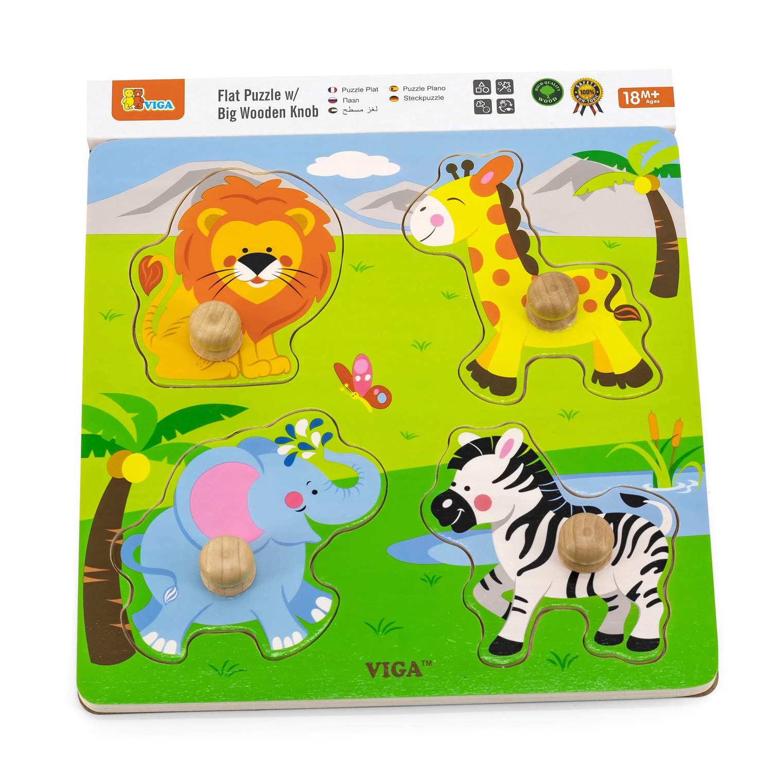 VIGA Wild Animals Big Wooden Knob Puzzle - 5 Pieces | Ages 12 Months+