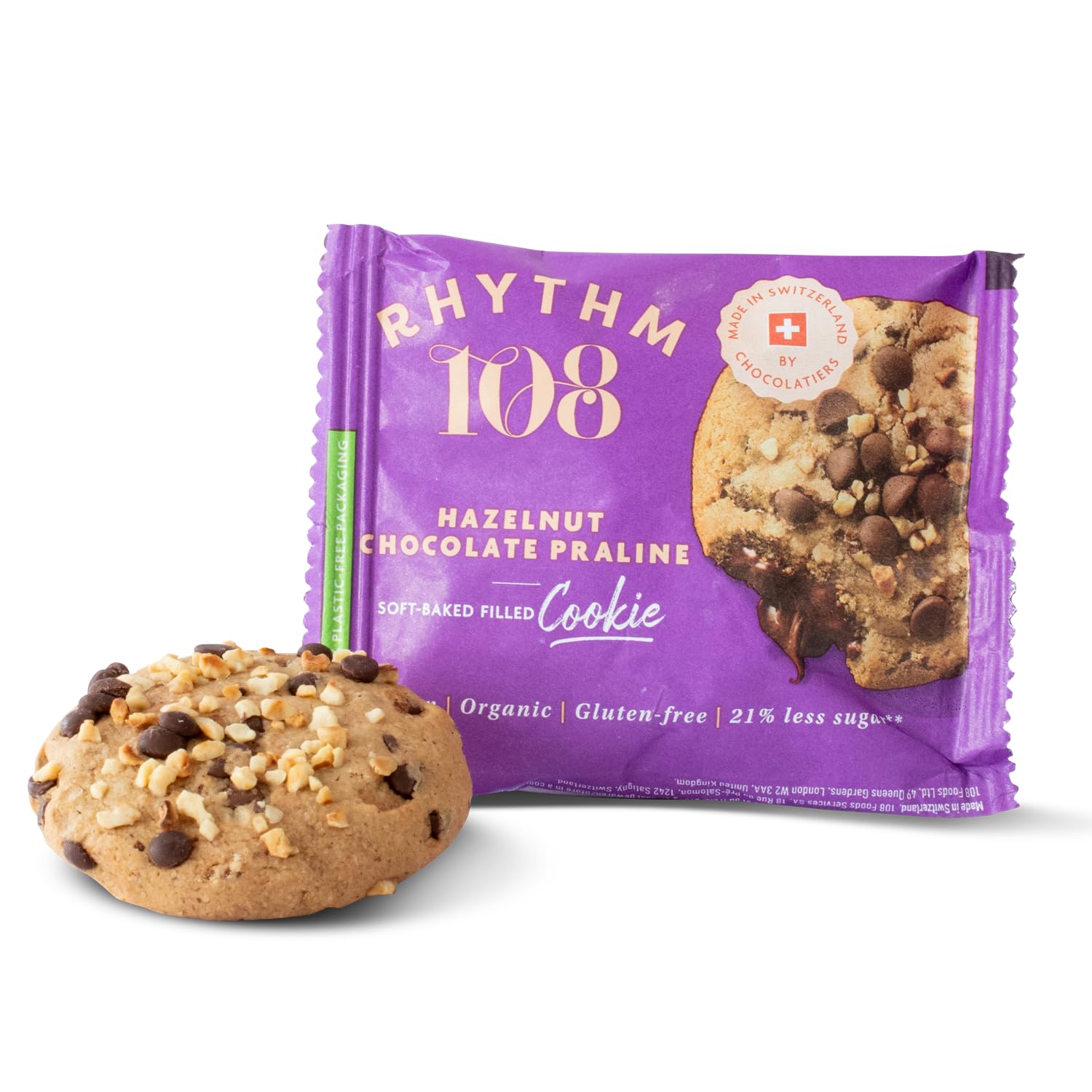 Rhythm 108 Swiss Organic Vegan Hazelnut Chocolate Praline Soft-Baked Cookies | 12 Pack (50g Each)