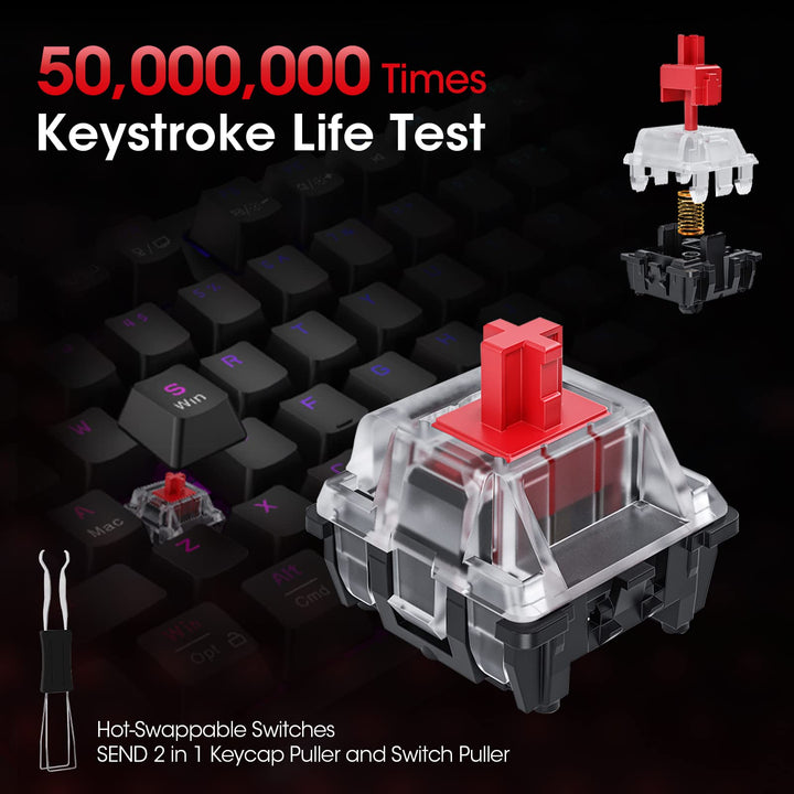 KOORUI MK104-RED Mechanical Gaming Keyboard – 104 Keys, 26 RGB Backlighting Effects, Pluggable Switches, Anti-Ghosting, Wired for PC & Mac