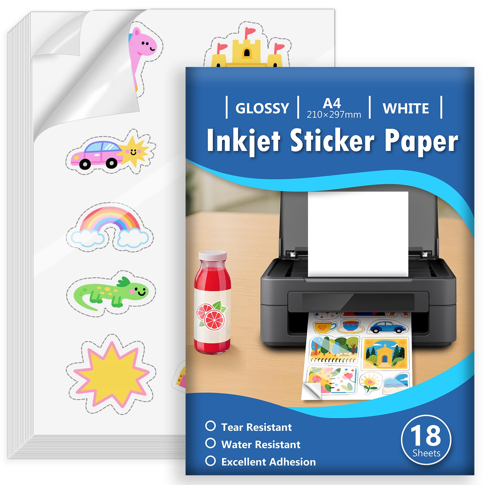 Euqvunn Glossy White Inkjet Sticker Paper - 18 A4 Sheets | Water-Resistant Vinyl