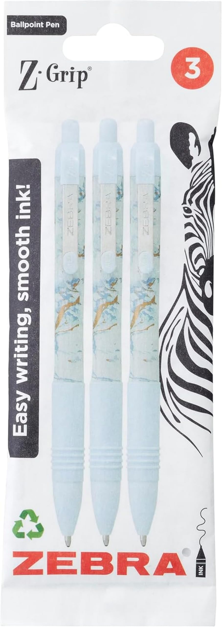Zebra Pen Z-Grip Smooth Glam Retractable Ballpoint Pens - Black Ink, 1.0mm Medium Point, 3 Pack