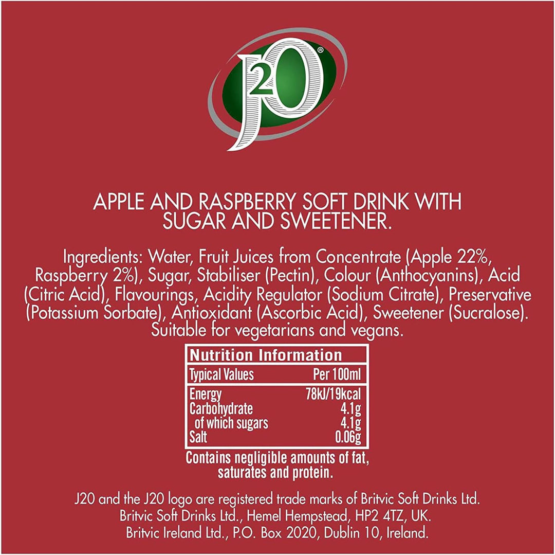 J2O Apple & Raspberry Flavoured Fruit Drink Cans - 4 x 250ml
