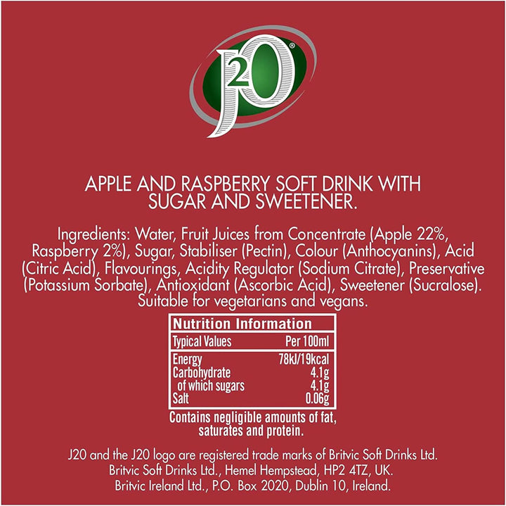 J2O Apple & Raspberry Flavoured Fruit Drink Cans - 4 x 250ml