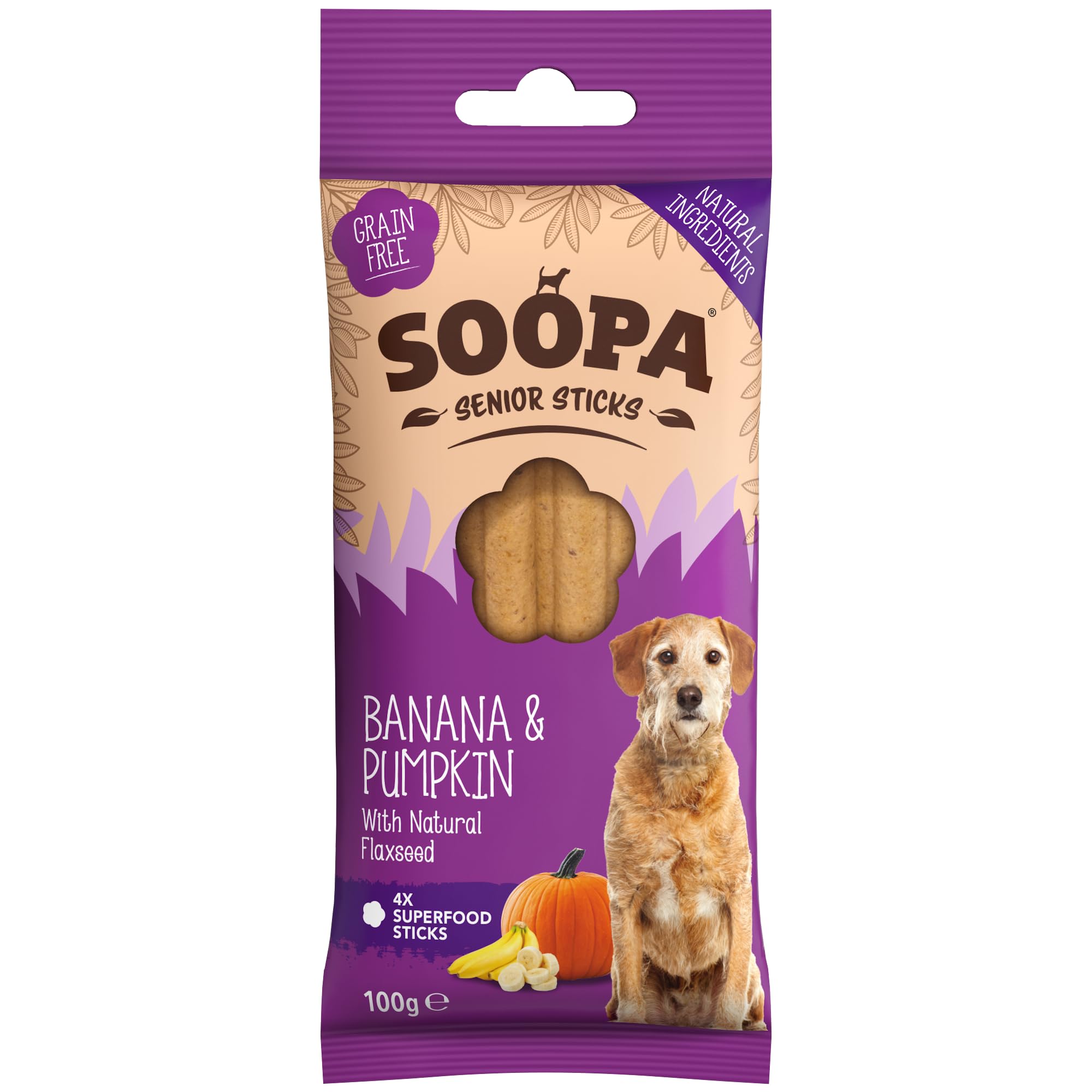 Soopa Senior Banana Pumpkin & Flaxseed Dental Sticks - 100g | Low Fat | Vegan 1