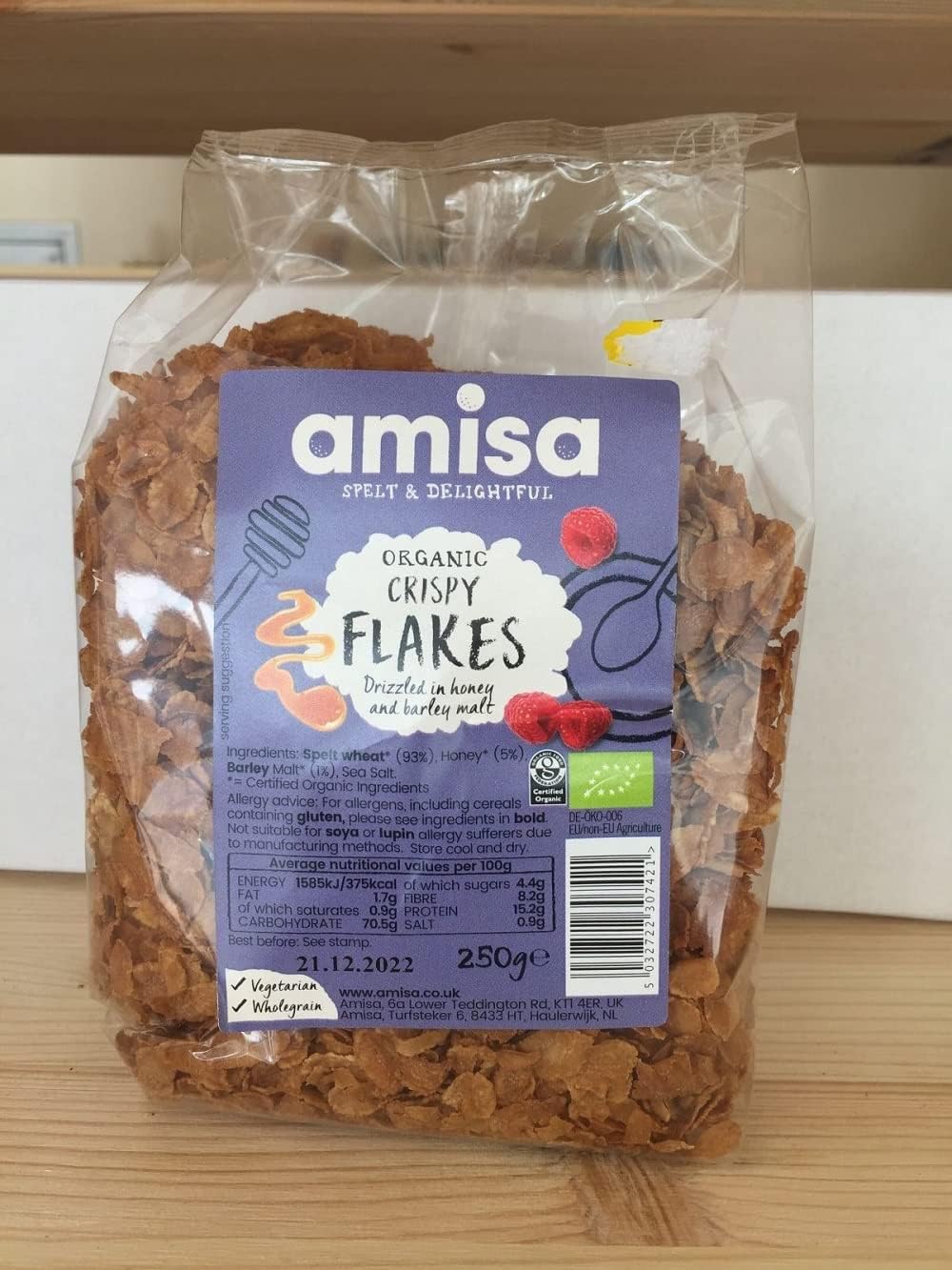 Amisa Organic Spelt Crispy Flakes 250g - High Fibre Breakfast Cereal with Honey & Barley Malt
