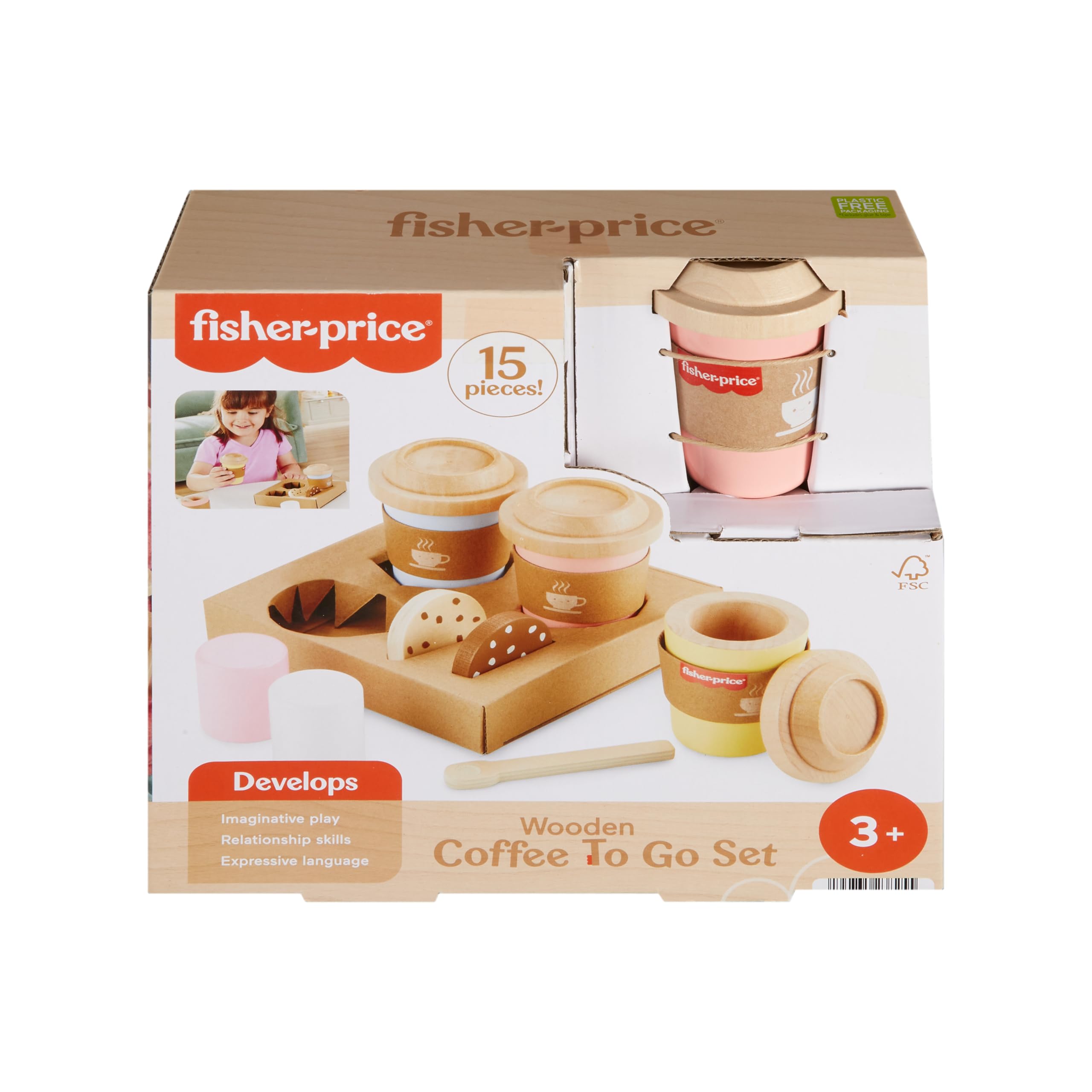 Fisher-Price Wood Pretend Play Coffee To Go Café Set - 15-Piece Wooden Playset for Ages 3+ 2