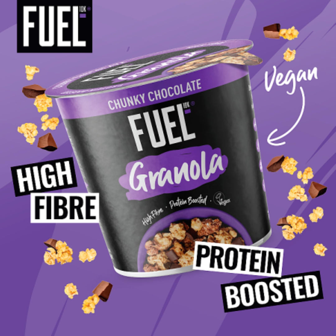 FUEL10K Chocolate Protein Granola Cereal Pot, 70g (Pack of 8) - Vegan-Friendly, High Protein Breakfast Snack
