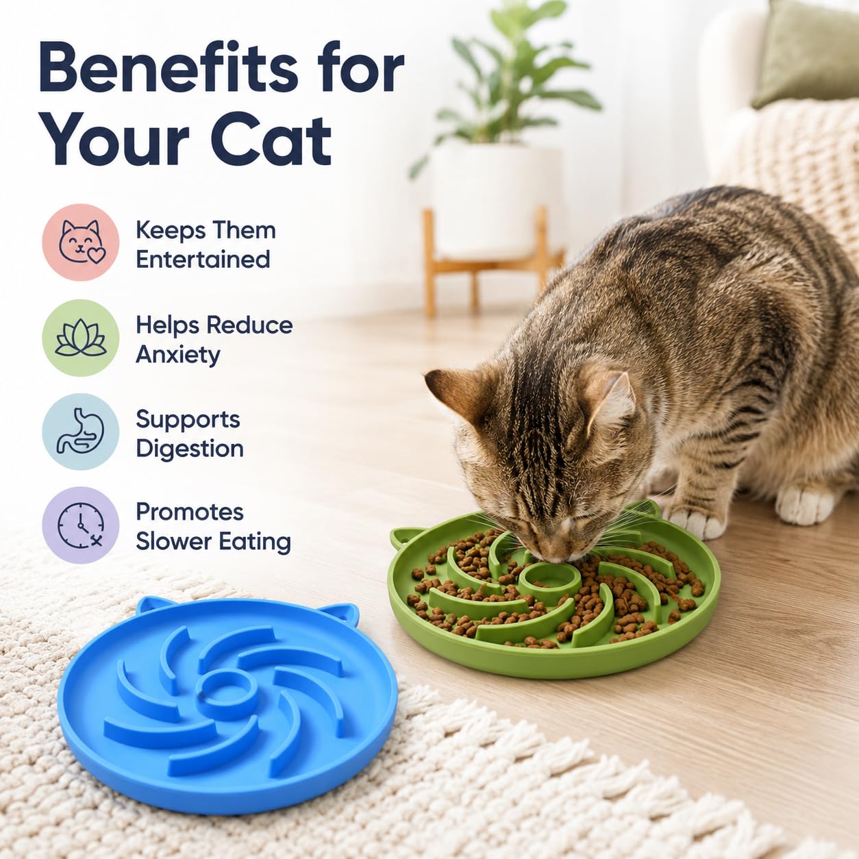 JADUFHU Silicone Slow Feeder Cat Bowl - Promotes Healthy Eating | 2 Pack | Green & Blue 6