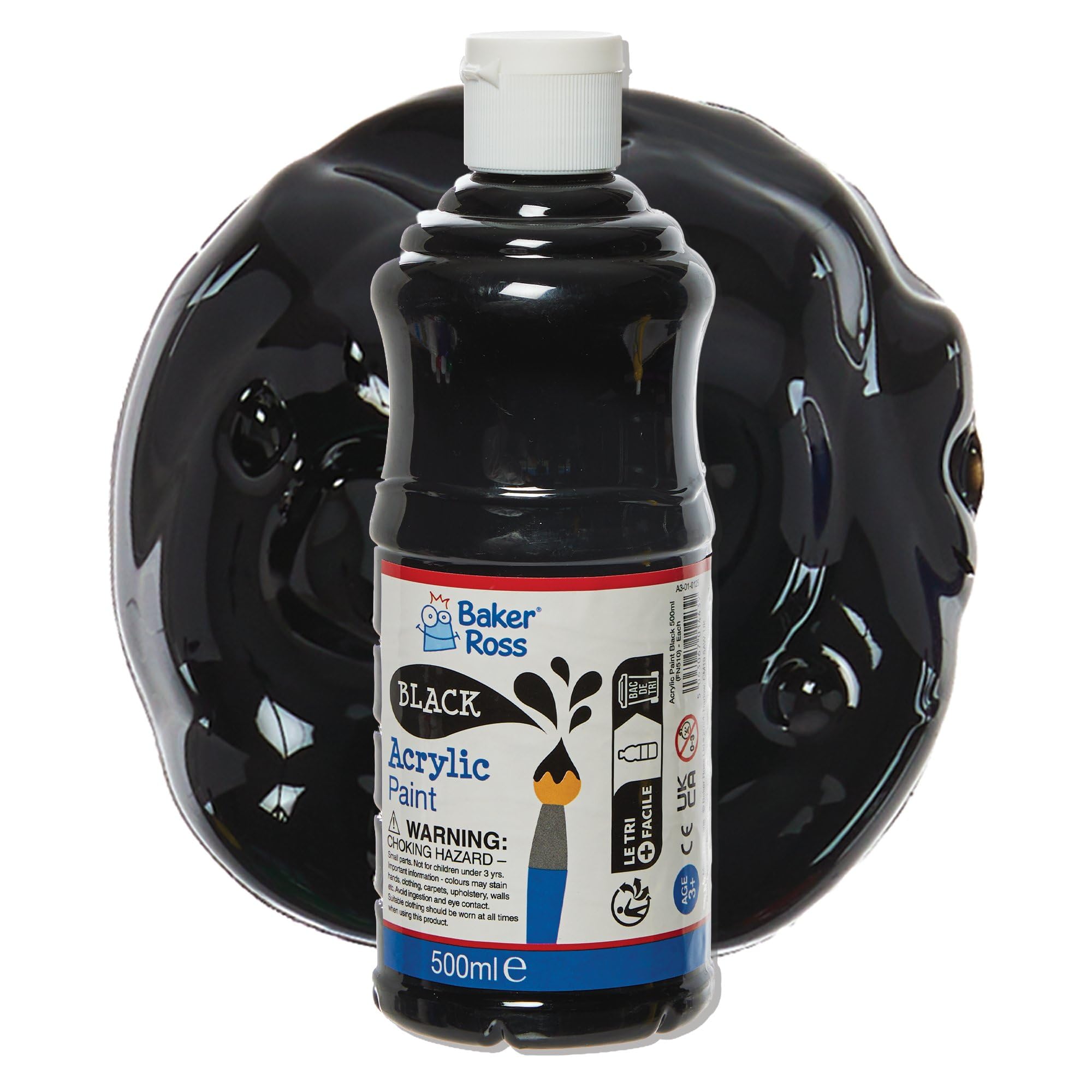 Baker Ross FN510 Black Acrylic Paint 500ml - Water-Based, High-Gloss Finish | Pack of 1 1
