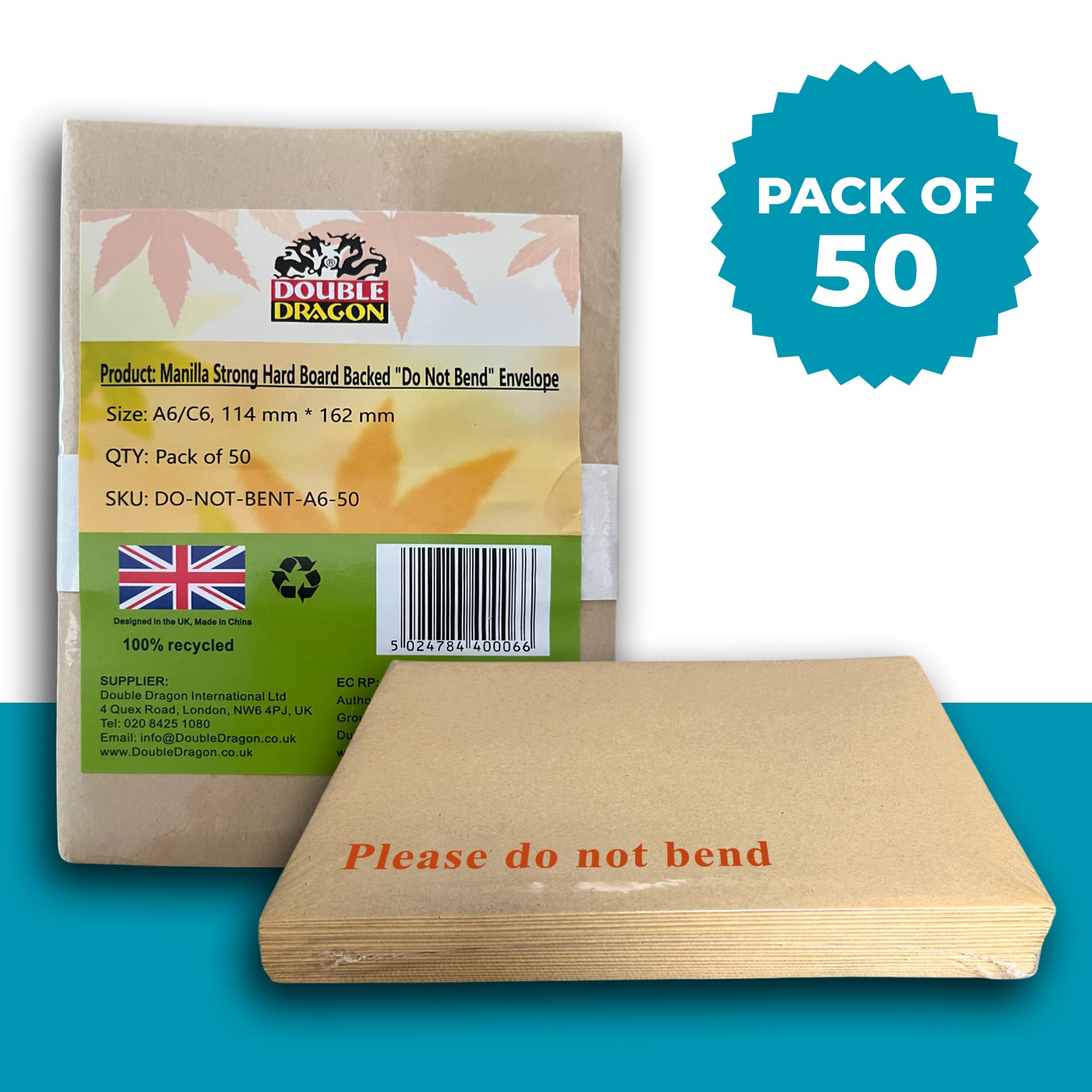 Double Dragon 50-Pack A6 C6 Manilla Hard Board Backed Envelopes | 162mm x 114mm | Rigid Protection 4