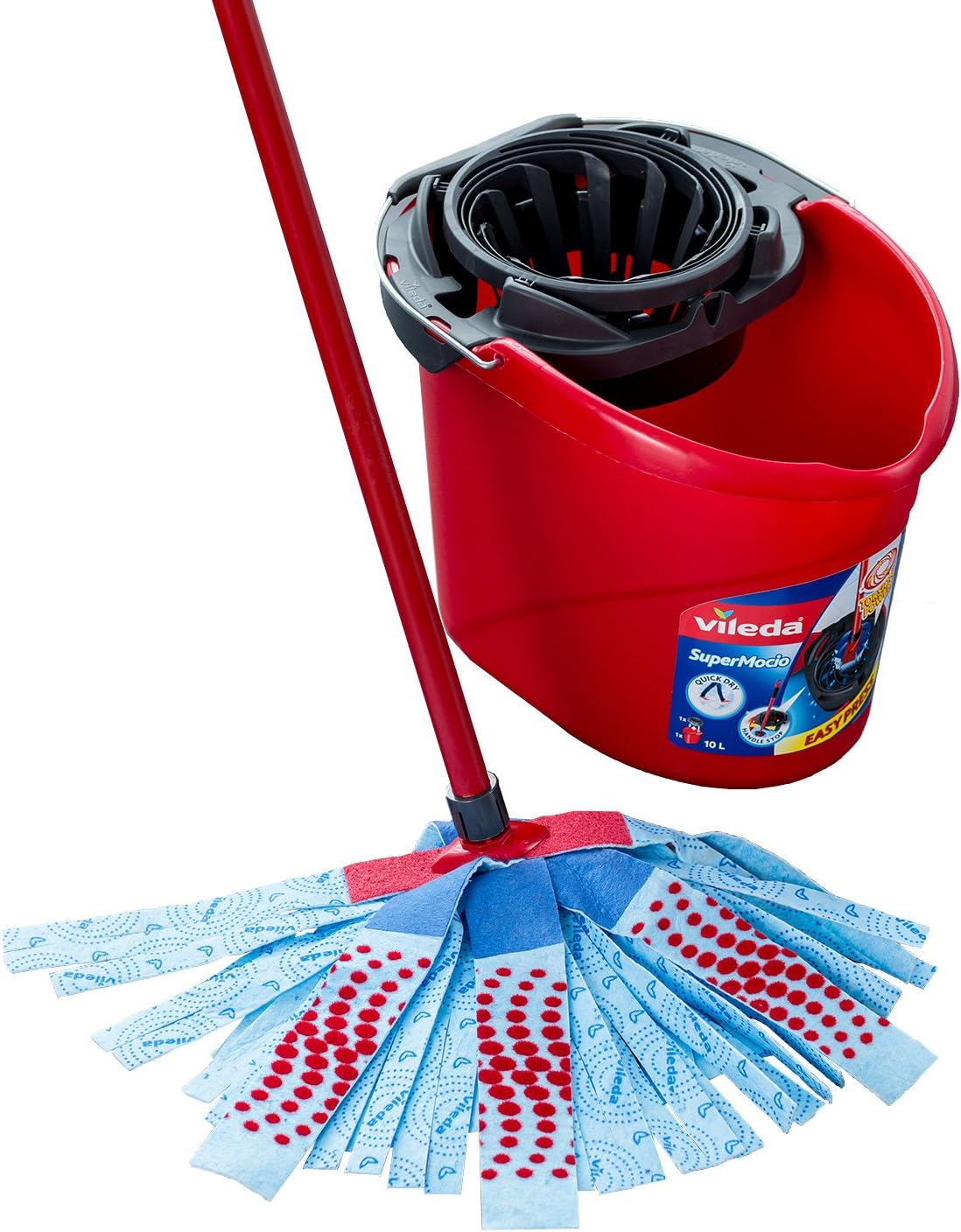 Vileda SuperMocio 3Action XL Mopp und 10-Liter-Eimer mit Torsionspresse, Rot/Blau