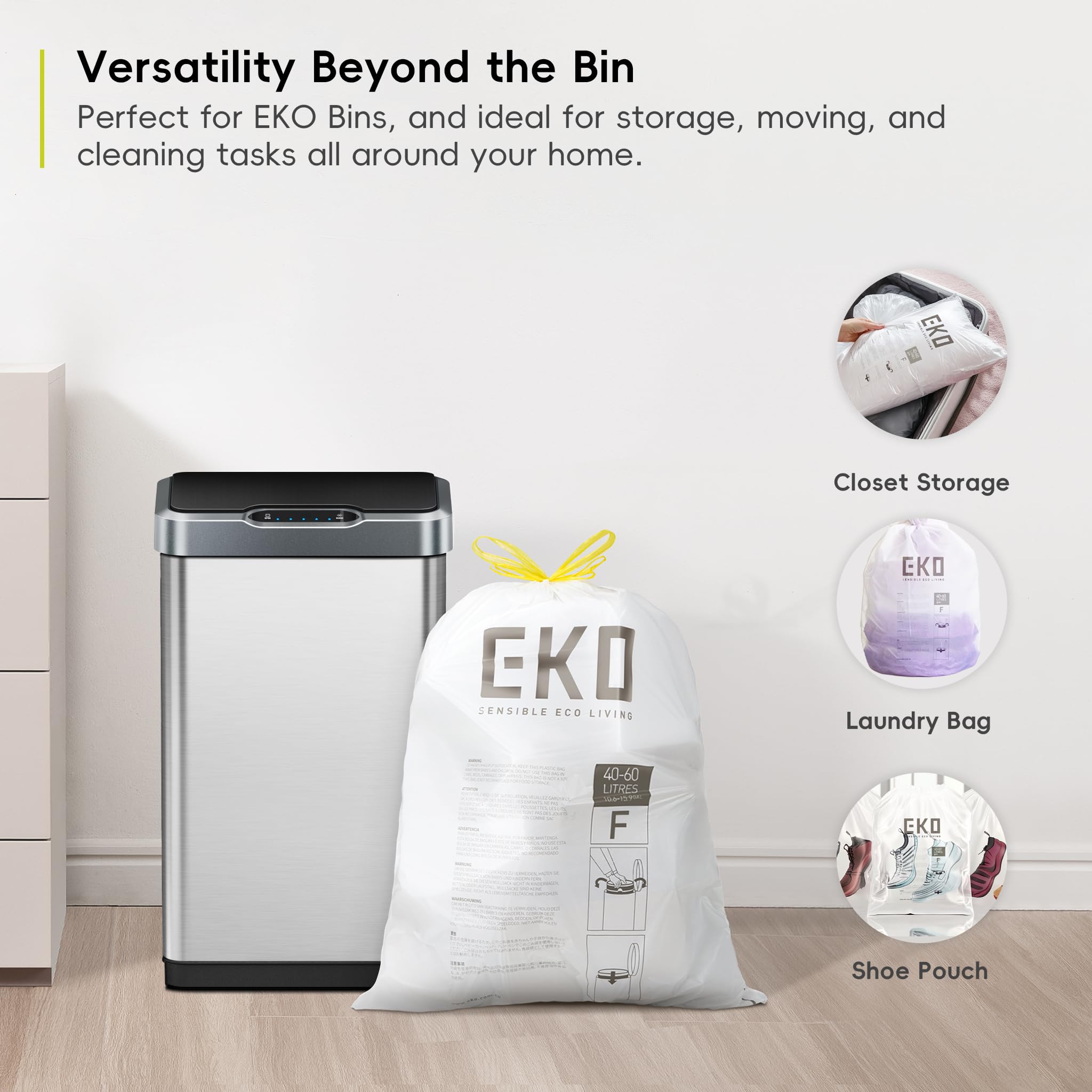 EKO Extra Strong Drawstring Bin Liners for 40-60L Kitchen Bins - 12 Pack White Trash Bags 6