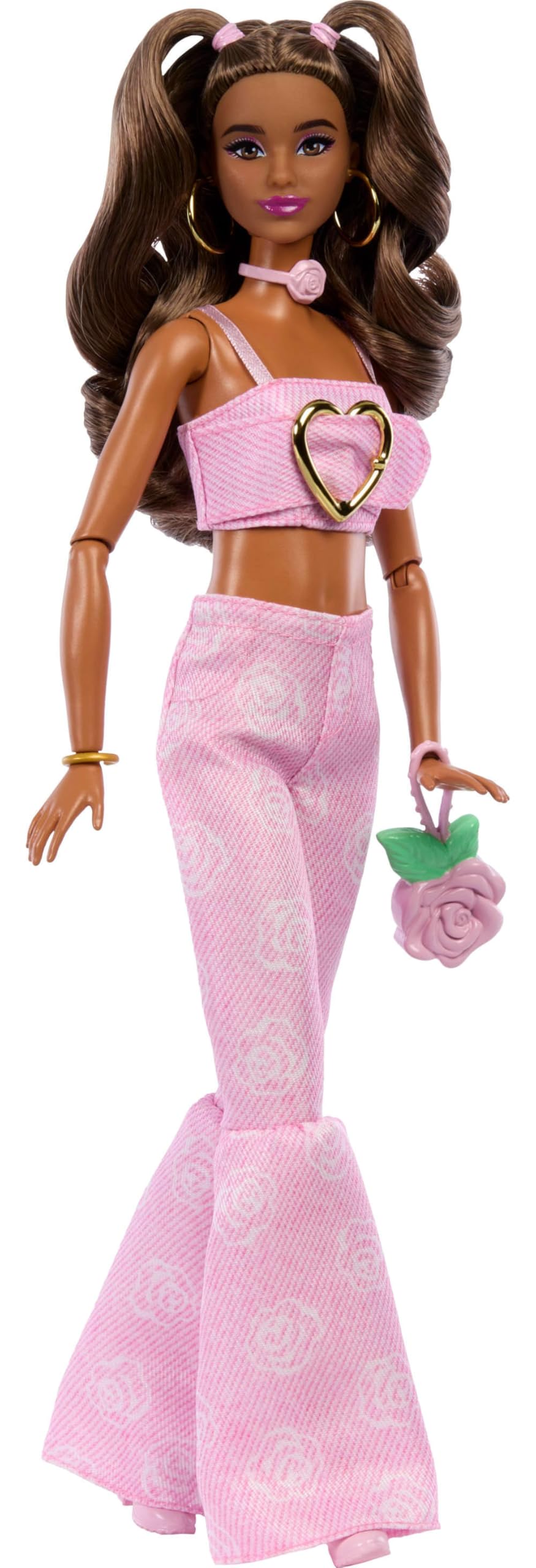 Barbie Deluxe Style Doll #12 in Pink Denim Crop Top with Rose Print Flare Jeans
