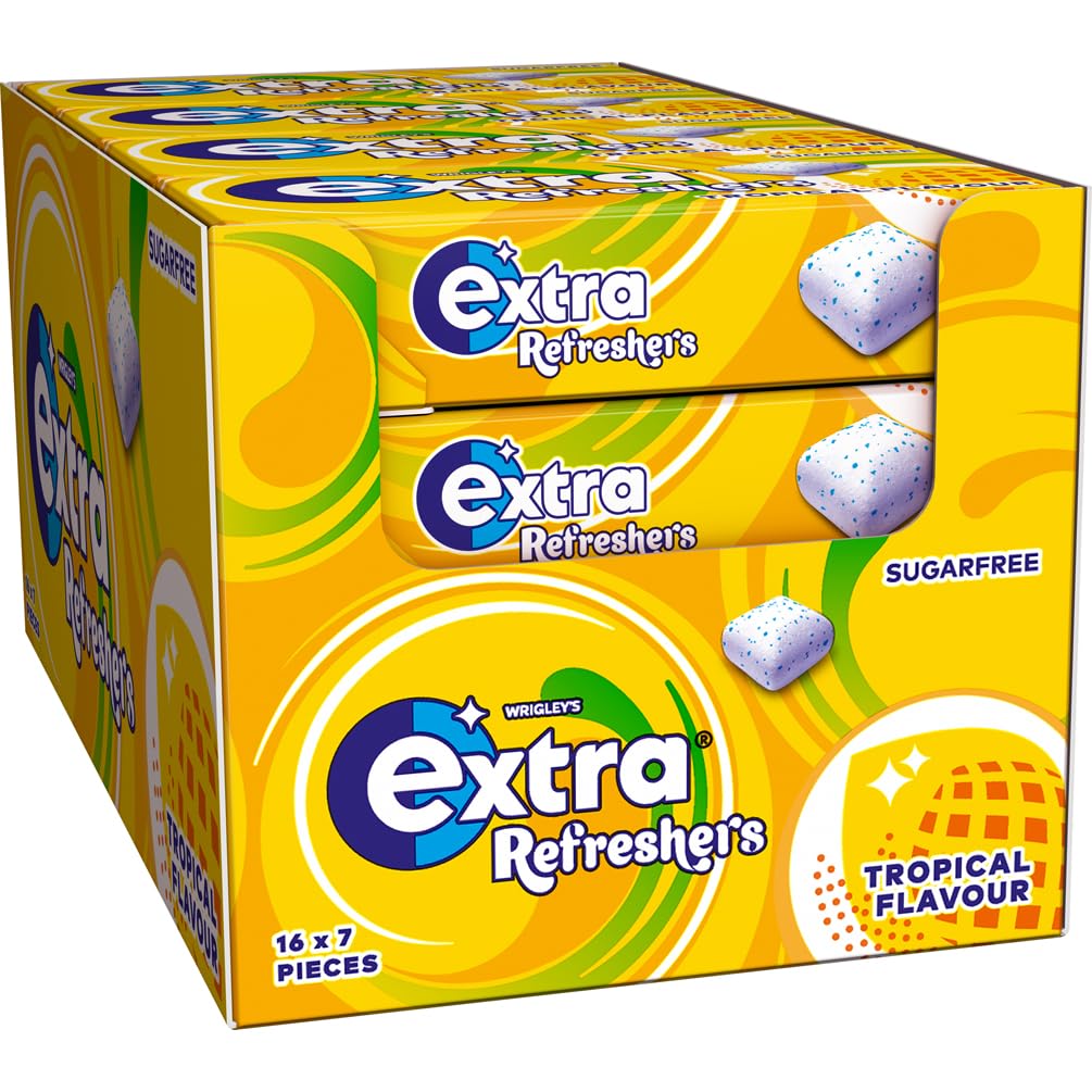 Extra Refreshers Tropical Flavour Sugar-Free Chewing Gum - 16 Packs (112 Pieces) with Xylitol 1