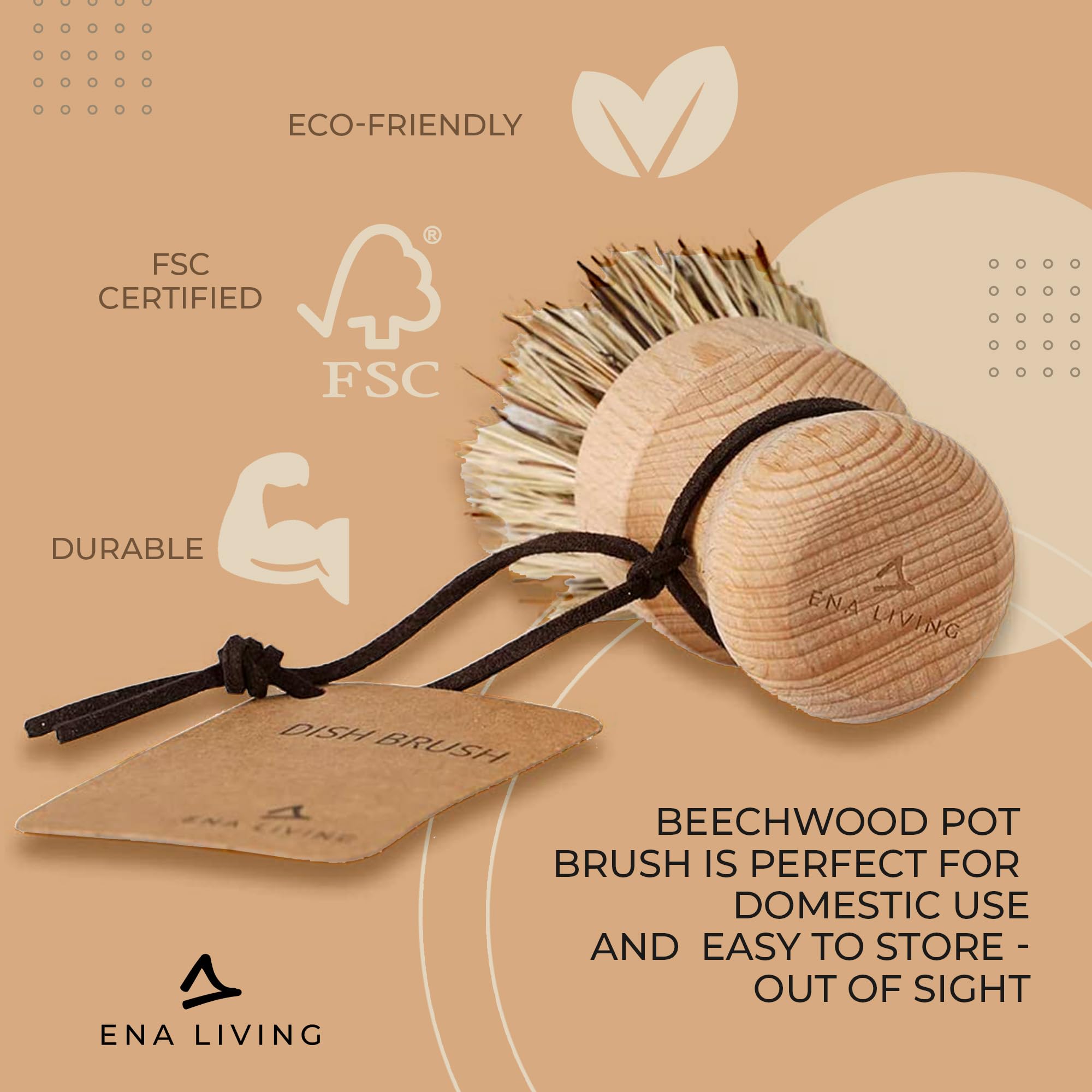 ENA Living - Wooden Pot Brush | FSC-Certified Beechwood with Coconut Fiber Bristles (9x6 cm) 2