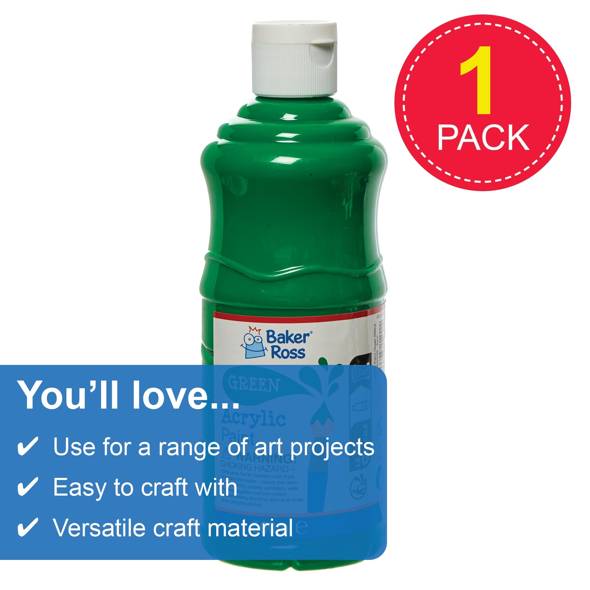 Baker Ross Green Acrylic Paint - 500ml Bottle | Water-Based & Washable