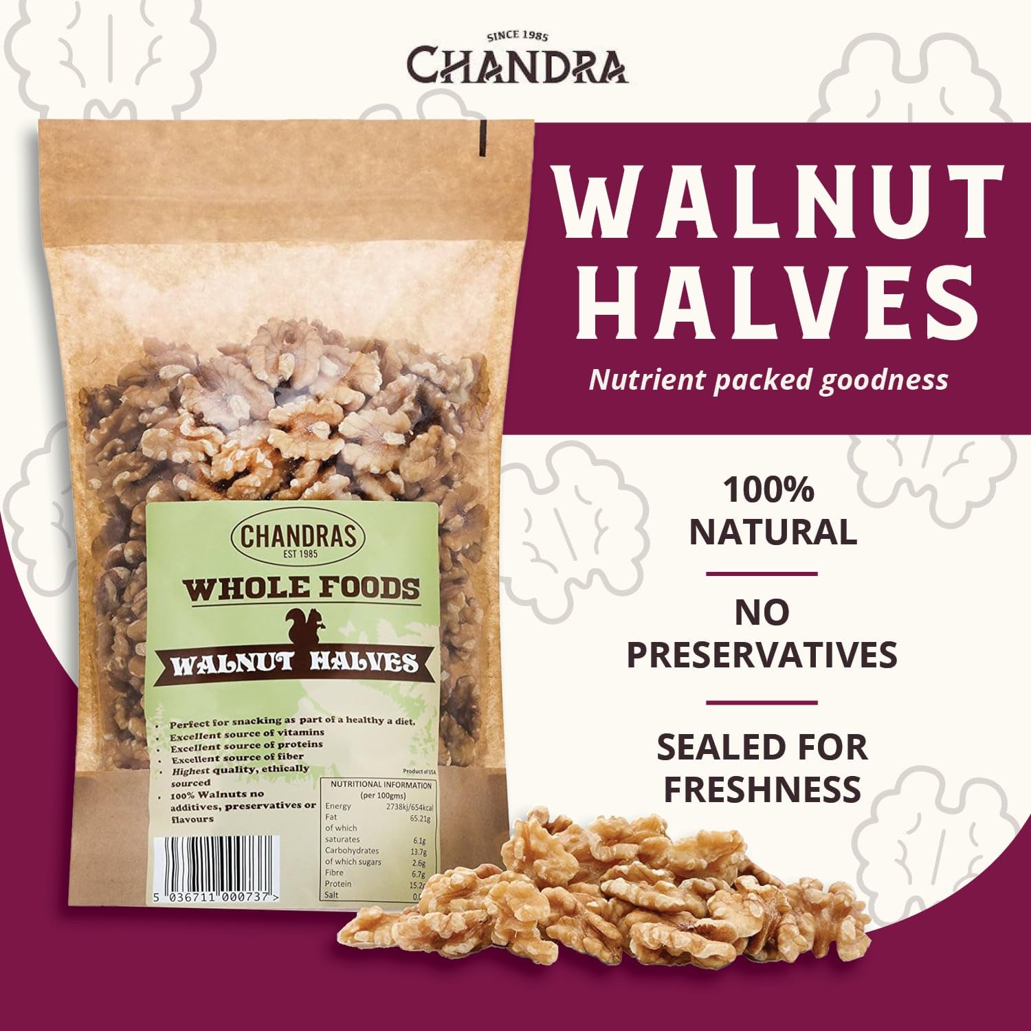 CHANDRA Whole Foods Walnut Halves - 1KG Resealable Bag | Keto & Paleo Friendly | Gluten-Free 2