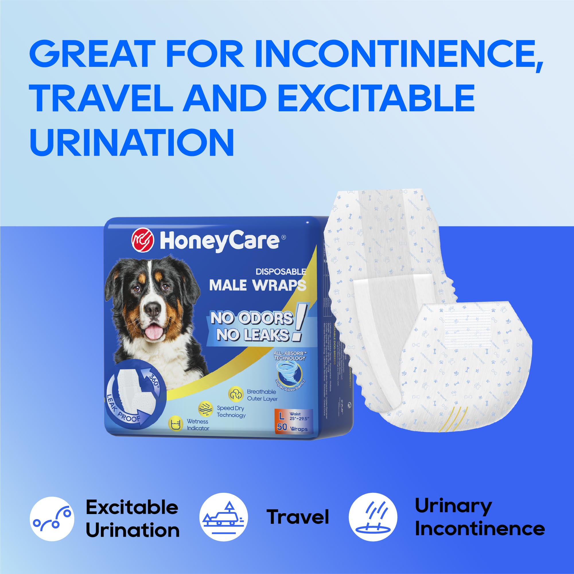HONEY CARE All-Absorb A24 Male Dog Wraps - Large Size, 50 Count, Blue and White 9