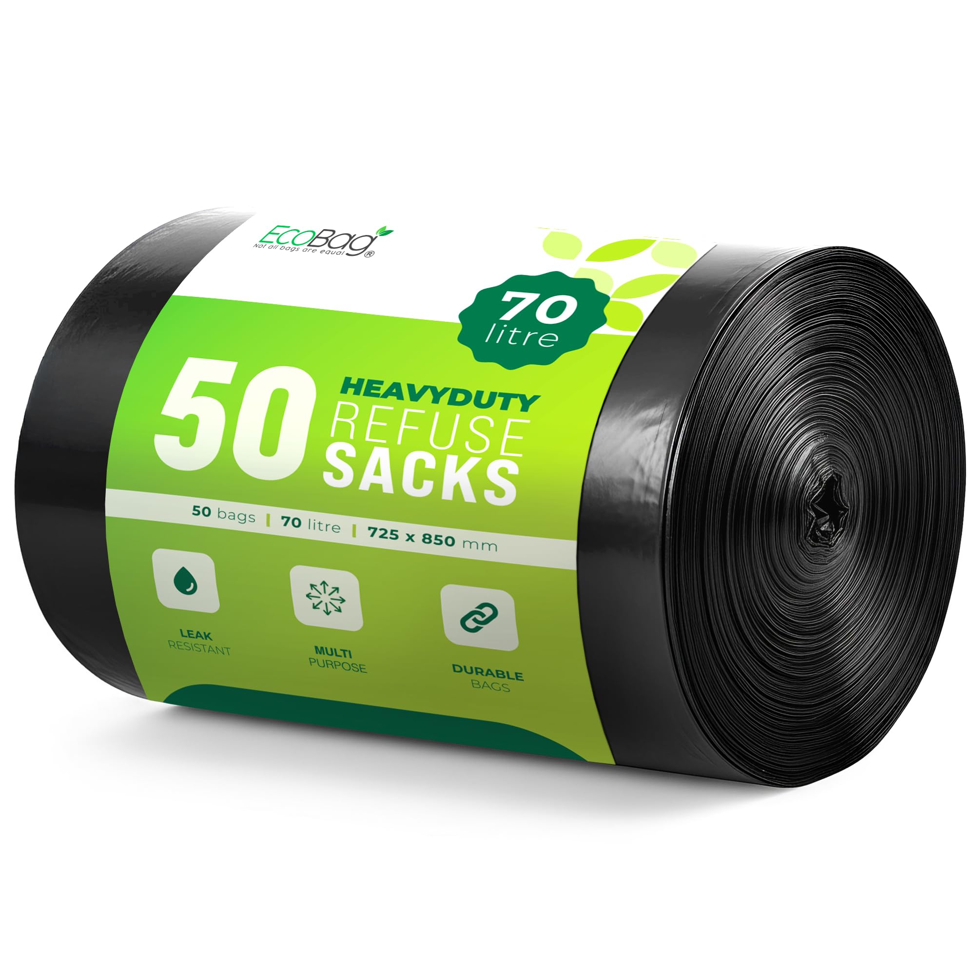 EcoBag Heavy Duty Refuse Sacks - 50 Pack, 70L Capacity, Made with 98% Recycled Plastic